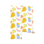 Roll of Colourful Abstract Oil Fruit Wallpaper with abstract fruit designs in pastel colors.
