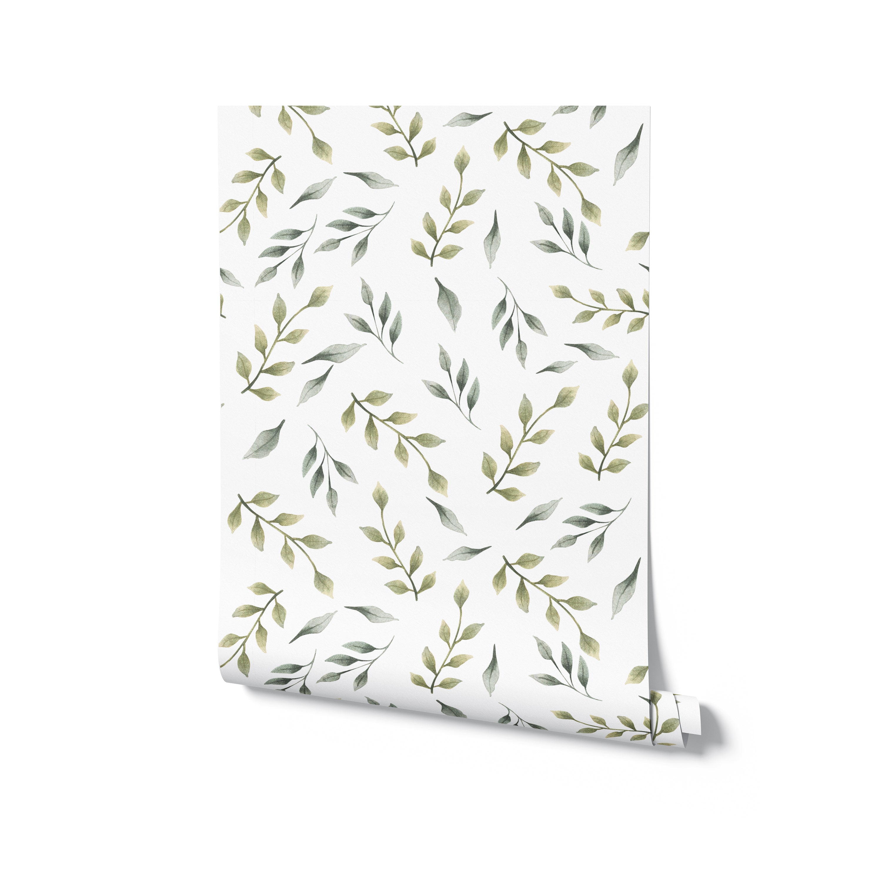 A roll of Nursery Green Floral Wallpaper, unrolling to reveal a charming pattern of hand-painted green foliage. The watercolor leaves in varying shades of green convey a sense of freshness and tranquility, perfect for creating a soothing atmosphere in a nursery or play area.
