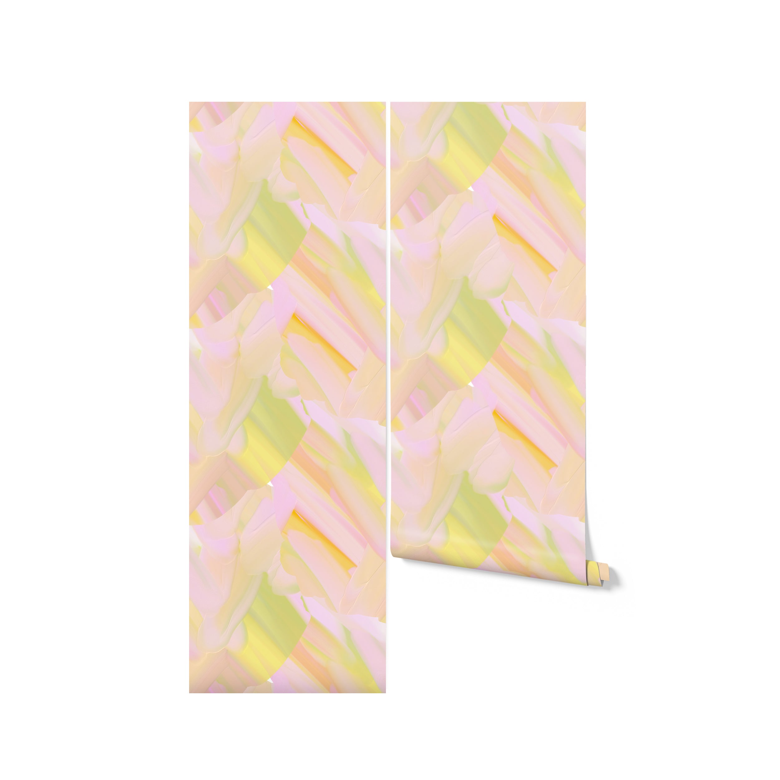 Roll of pastel abstract oil effect wallpaper with pink, yellow, and green hues