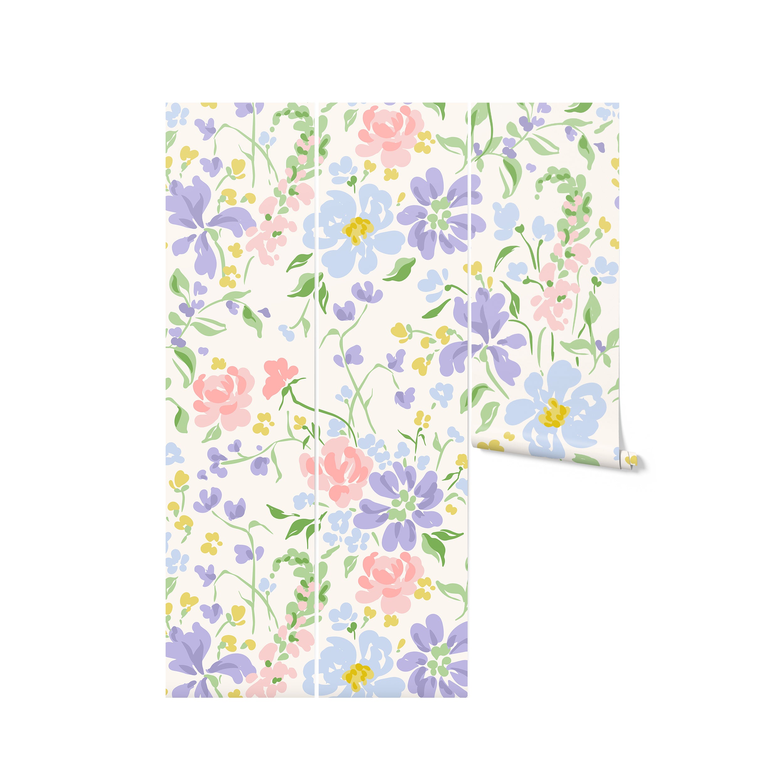 A close-up of the Romana Wallpaper rolled up against a white background, displaying a detailed print of large and small flowers in pastel colors of blue, pink, and yellow intertwined with green foliage.