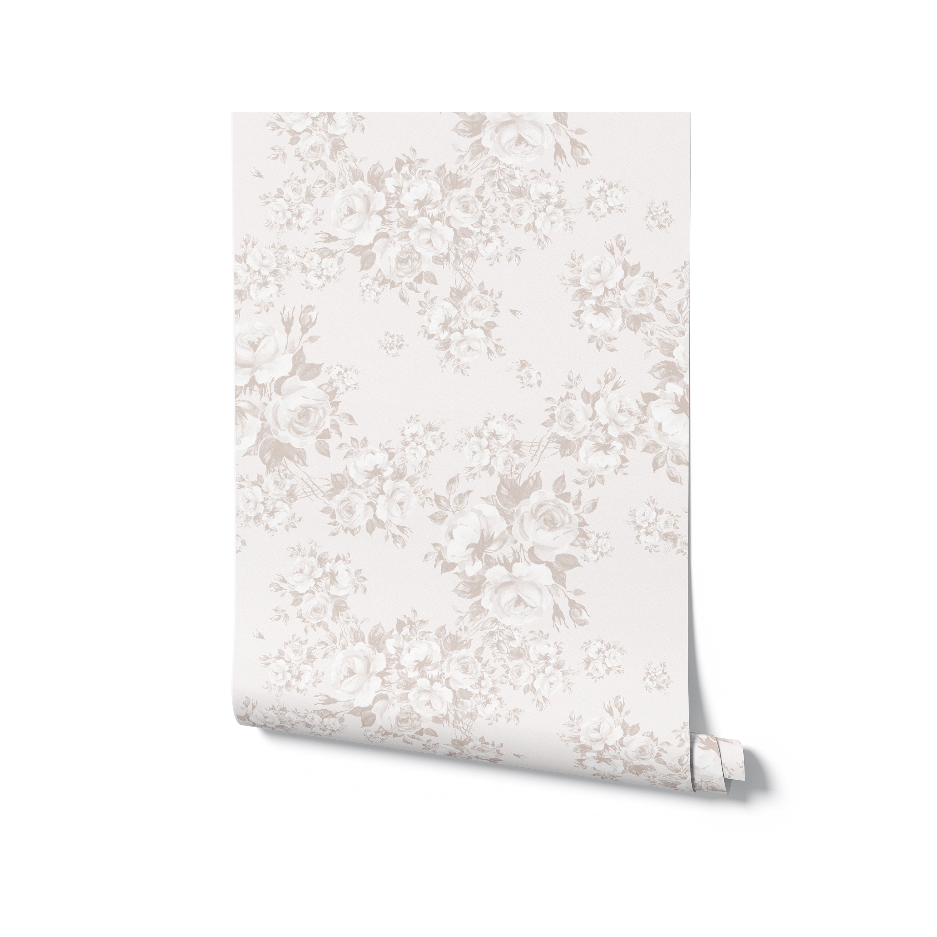 A single roll of 'Rose Bouquet Wallpaper' leaning against a white background. The wallpaper displays an elegant floral pattern with bouquets of roses in shades of grey on a soft, off-white linen texture.