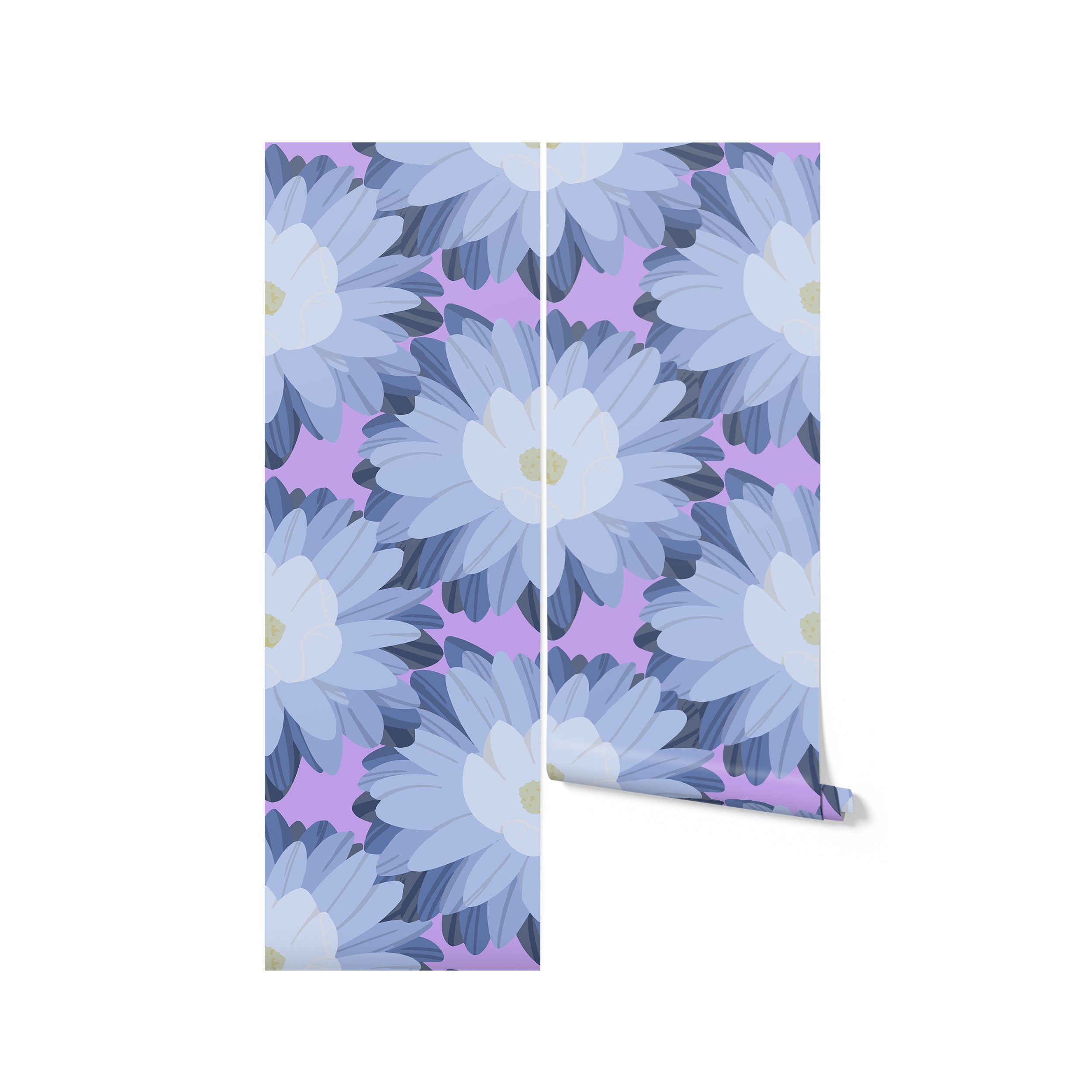 Rolled up Funky Floral Wallpaper with pastel blue and pink flower pattern