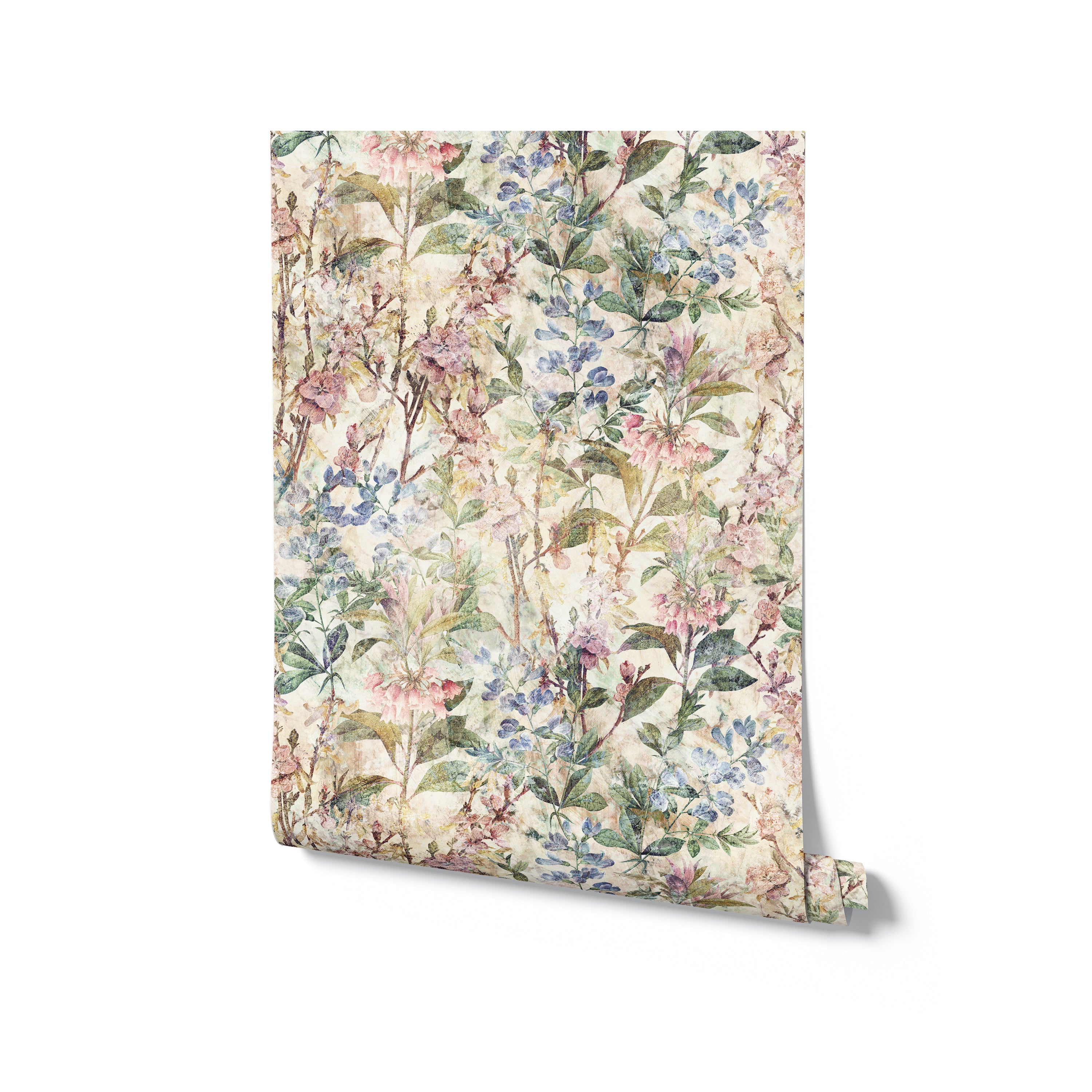A rolled-up sample of the "Ancient Florals Wallpaper," displaying a lush arrangement of botanical illustrations with a soft color palette of greens, pinks, and blues, ideal for adding a touch of elegance and nature-inspired beauty to any space.