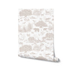 A roll of Vintage Neutral Toile Wildlife Wallpaper displayed upright, showcasing its classic wildlife scenes in beige on a white background. This wallpaper is perfect for adding a timeless and elegant touch to any interior decor.