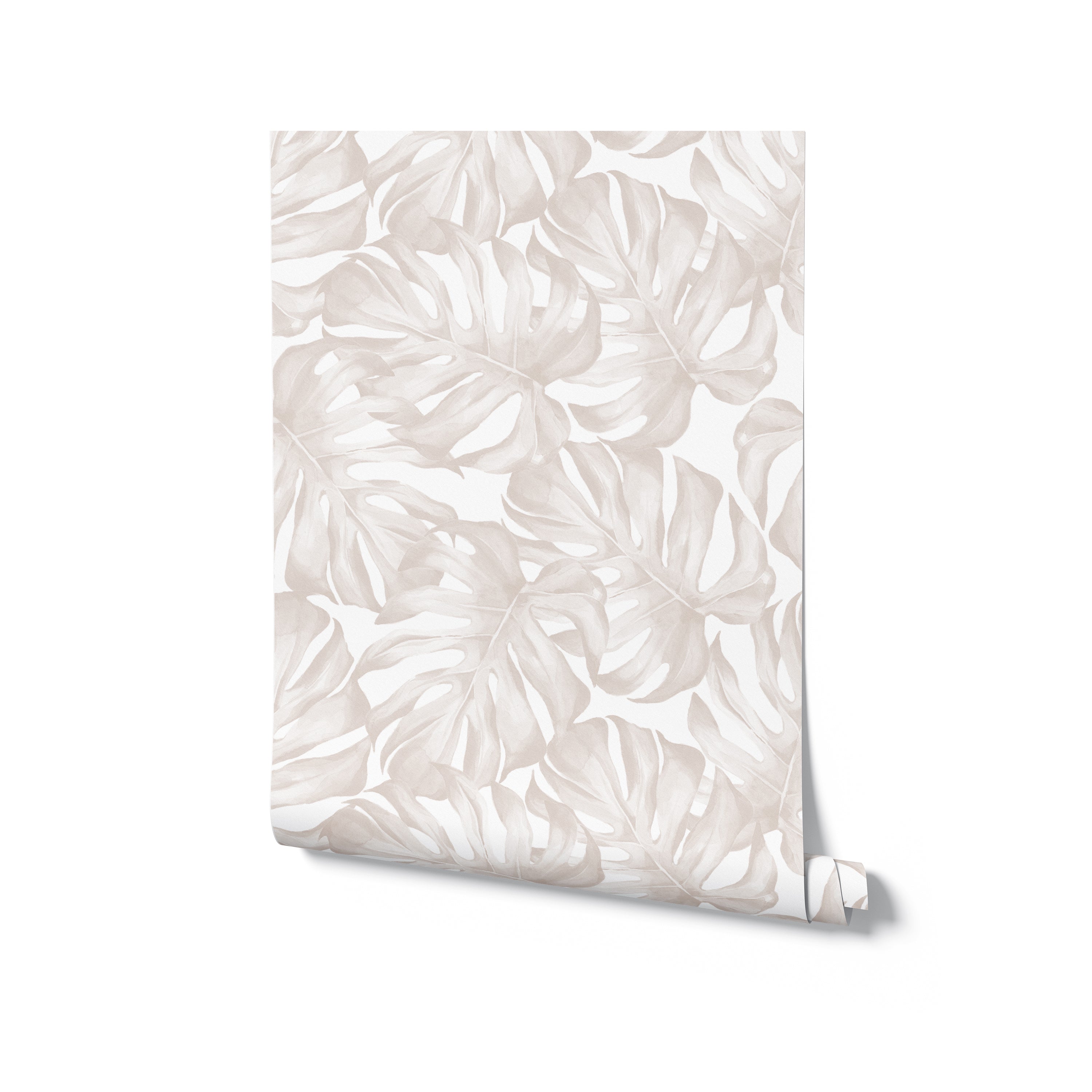 A square image presenting a rolled-up piece of wallpaper with a monstera leaf design, emphasizing its texture and watercolor-like aesthetic. The soft gray and white hues of the leaves provide a modern and elegant feel, with the roll resting against a plain backdrop to highlight the pattern.