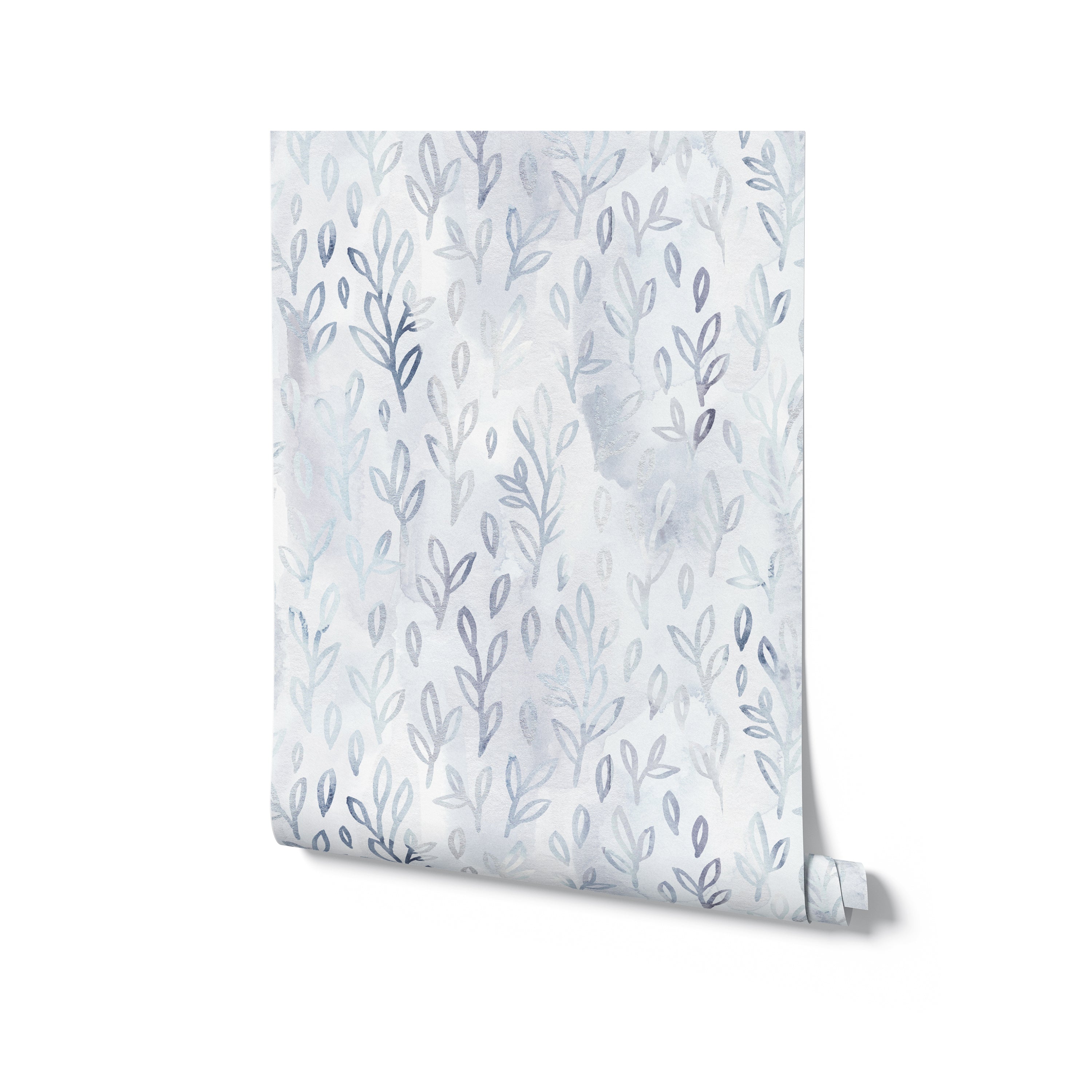 A roll of Floral Foil Wallpaper II displayed vertically. The wallpaper features an elegant pattern of light blue and grey leaves on a soft, textured background, ideal for creating a tranquil atmosphere in any room