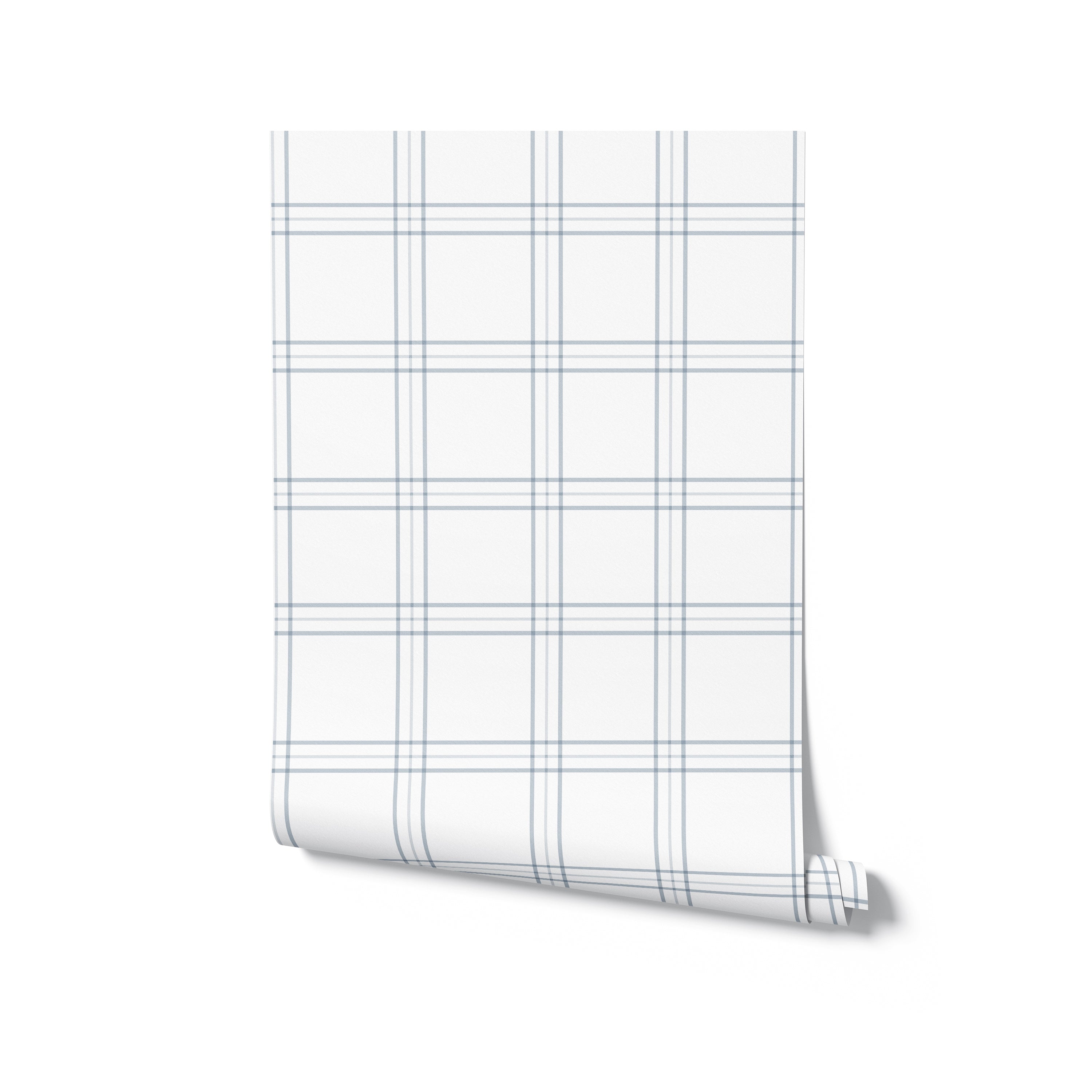 A rolled sample of Traditional Tartan Plaid Wallpaper highlighting the fabric-like texture and timeless pattern of pale blue stripes, suggesting a design that could bring a sense of heritage and comfort to interiors ranging from the modern to the classic.