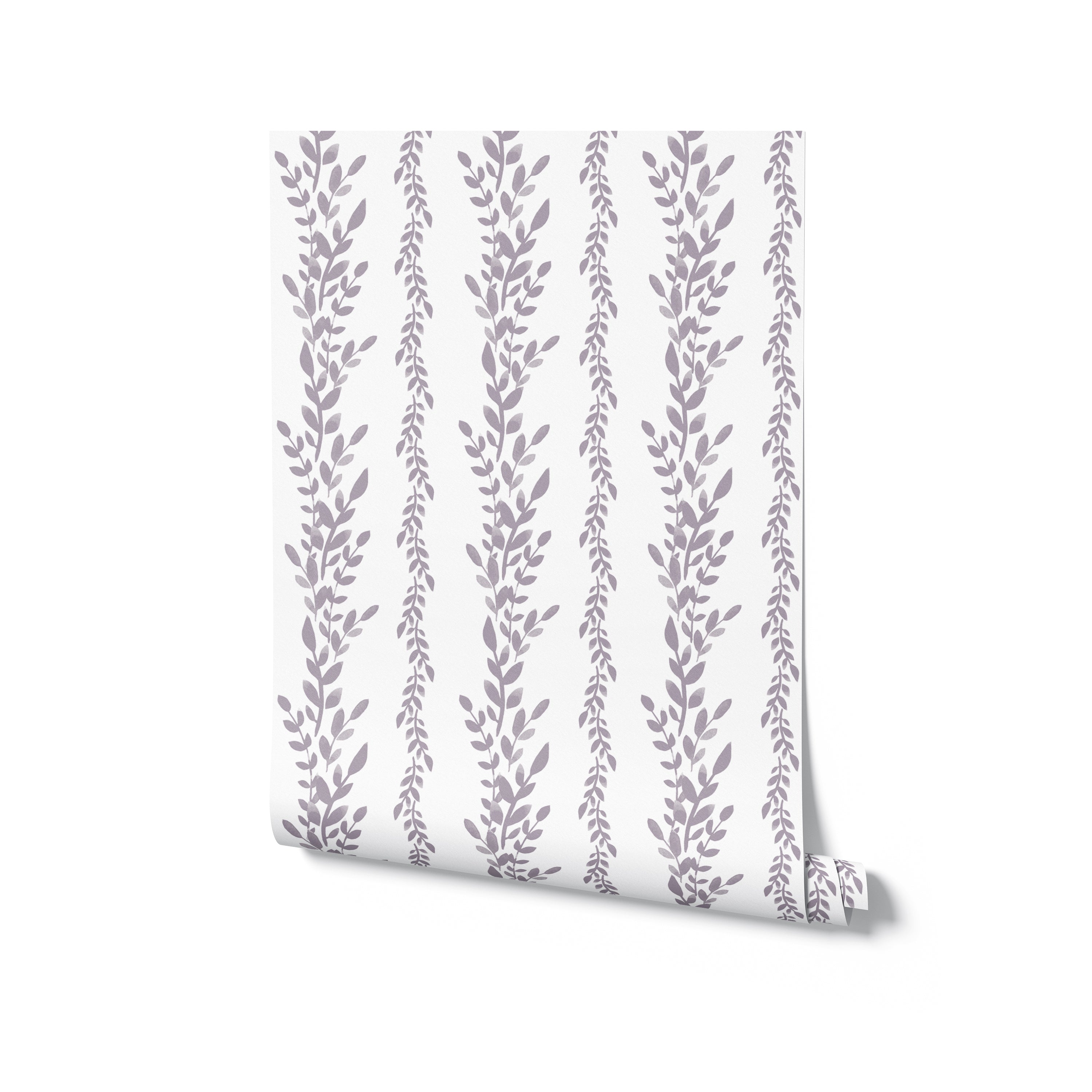 A roll of Classic Floral Wallpaper depicted vertically, highlighting the wallpaper’s continuous gray floral pattern on a white background, perfect for stylish and timeless interior design
