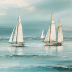 Close-up view of the Seaside Wallpaper Mural, beautifully capturing sailboats gliding on a soft blue sea under a serene sky. This detailed view highlights the mural’s ability to add a dynamic and peaceful element to any space.