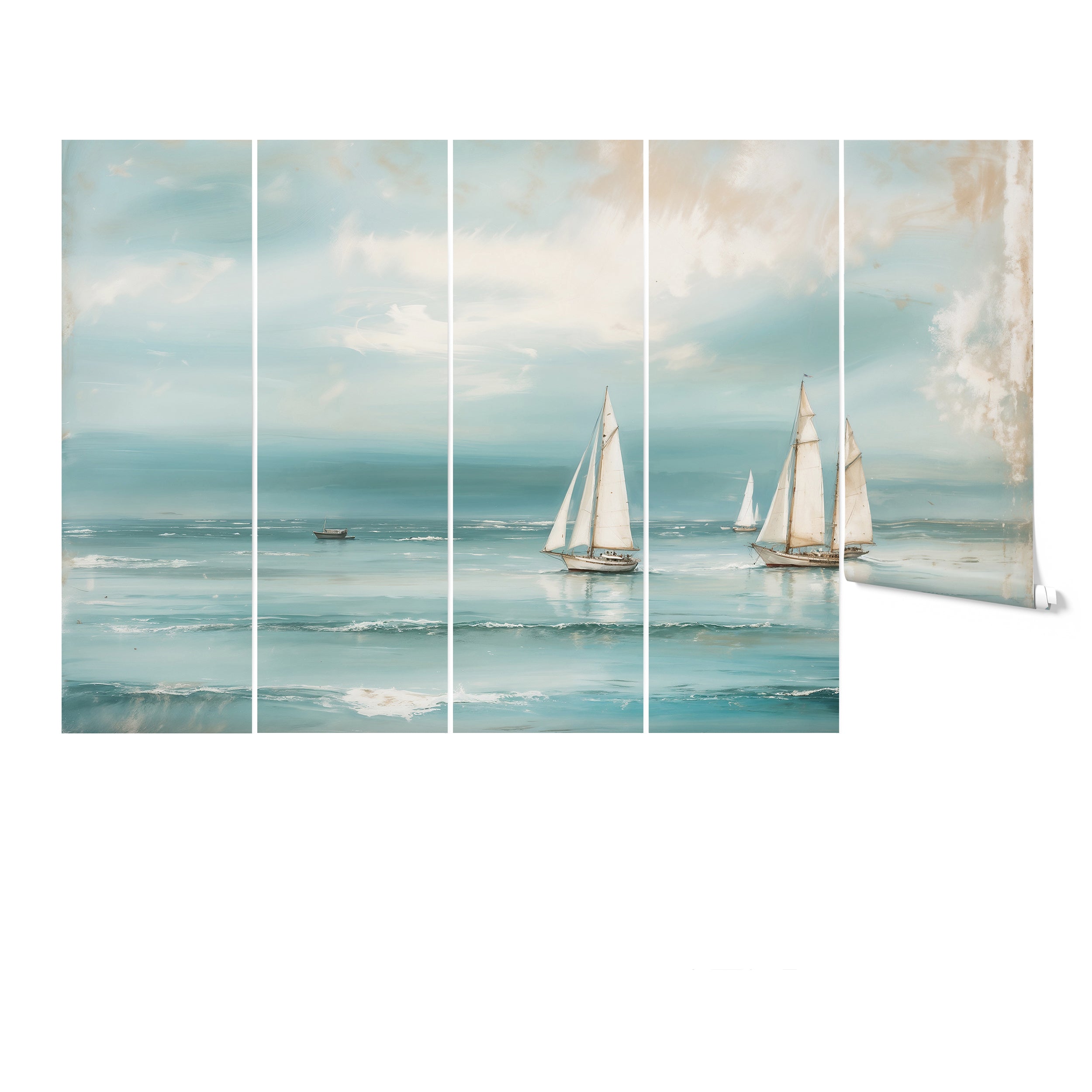 Close-up view of the Seaside Wallpaper Mural, beautifully capturing sailboats gliding on a soft blue sea under a serene sky. This detailed view highlights the mural’s ability to add a dynamic and peaceful element to any space.