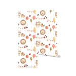 Roll of nursery-themed wallpaper unfurled slightly to reveal a continuous pattern of lions, rabbits in baskets, balloons, and bunting flags in soft, pastel watercolors. The design is ideal for a gentle and inviting baby room ambiance.