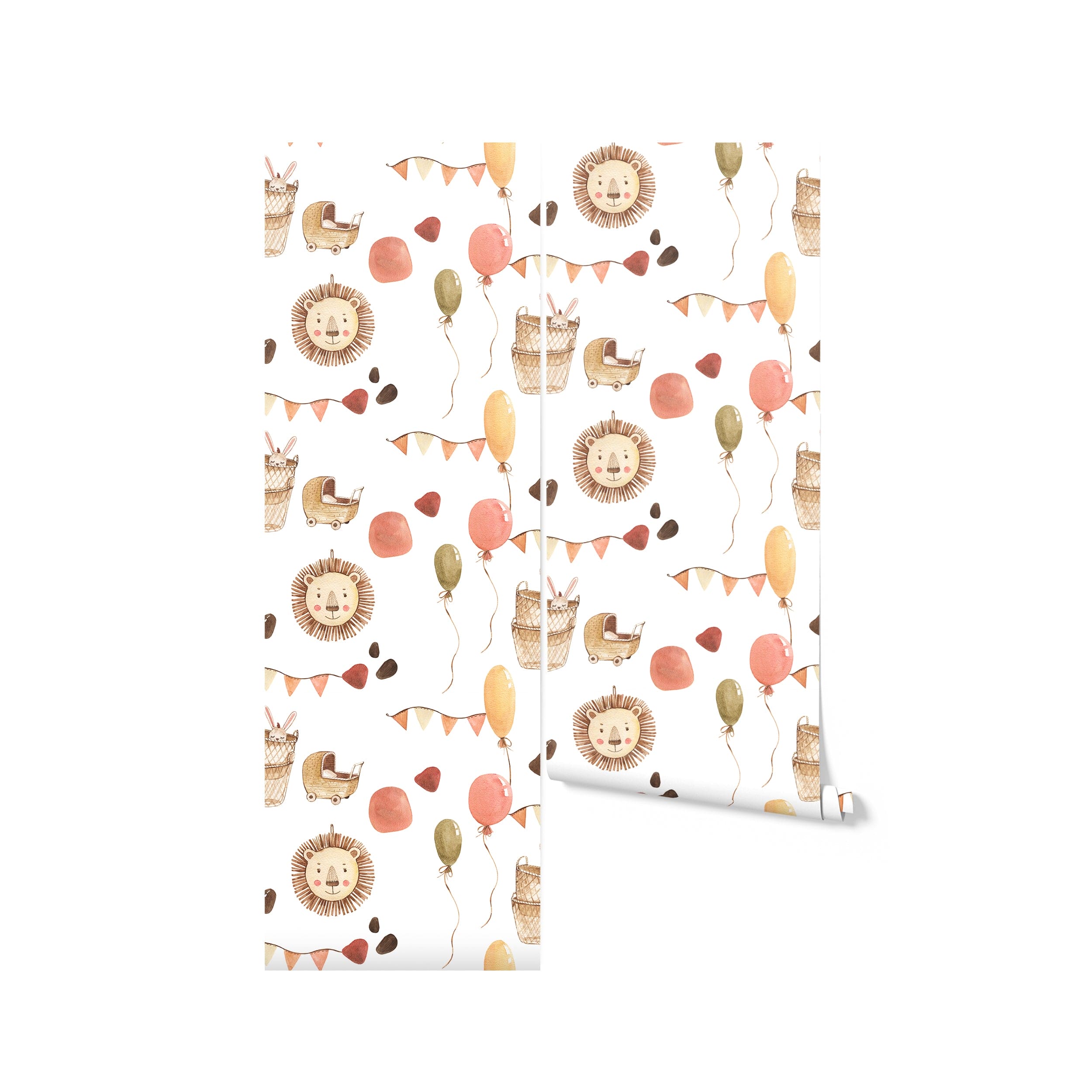 Roll of nursery-themed wallpaper unfurled slightly to reveal a continuous pattern of lions, rabbits in baskets, balloons, and bunting flags in soft, pastel watercolors. The design is ideal for a gentle and inviting baby room ambiance.