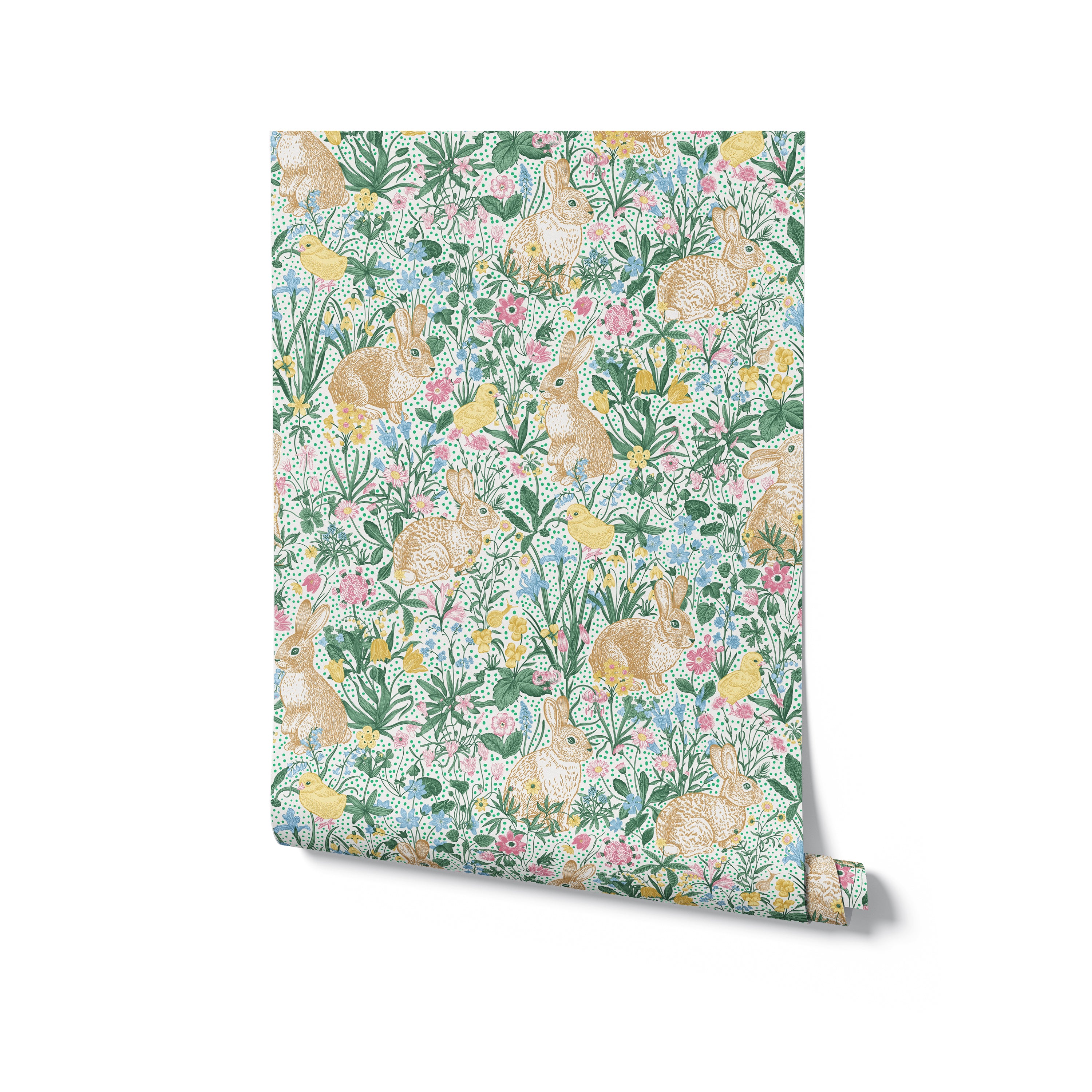 vibrant children's wallpaper depicting a lush, floral scene with rabbits and various spring flowers in soft pastel colors.