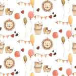 Seamless pattern featuring a charming children's wallpaper design with whimsical motifs of lions, rabbits in baskets, strollers, balloons, and bunting flags in a soft, watercolor style. The colors are gentle earth tones, creating a playful yet calm nursery atmosphere.