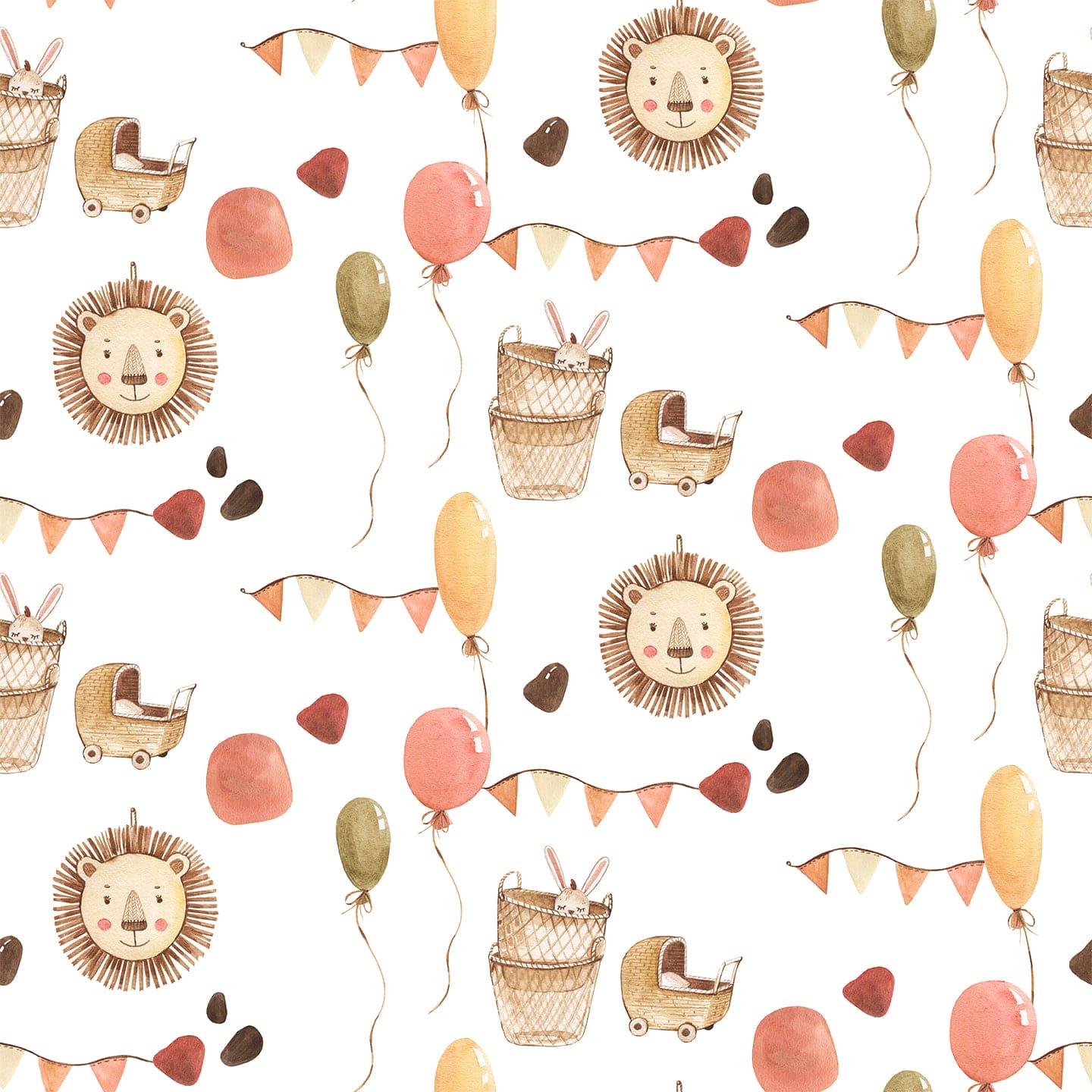 Seamless pattern featuring a charming children's wallpaper design with whimsical motifs of lions, rabbits in baskets, strollers, balloons, and bunting flags in a soft, watercolor style. The colors are gentle earth tones, creating a playful yet calm nursery atmosphere.