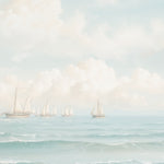 A close-up of a peaceful seascape mural with several sailboats, focusing on the soft waves and gentle clouds, evoking a calming and tranquil atmosphere.