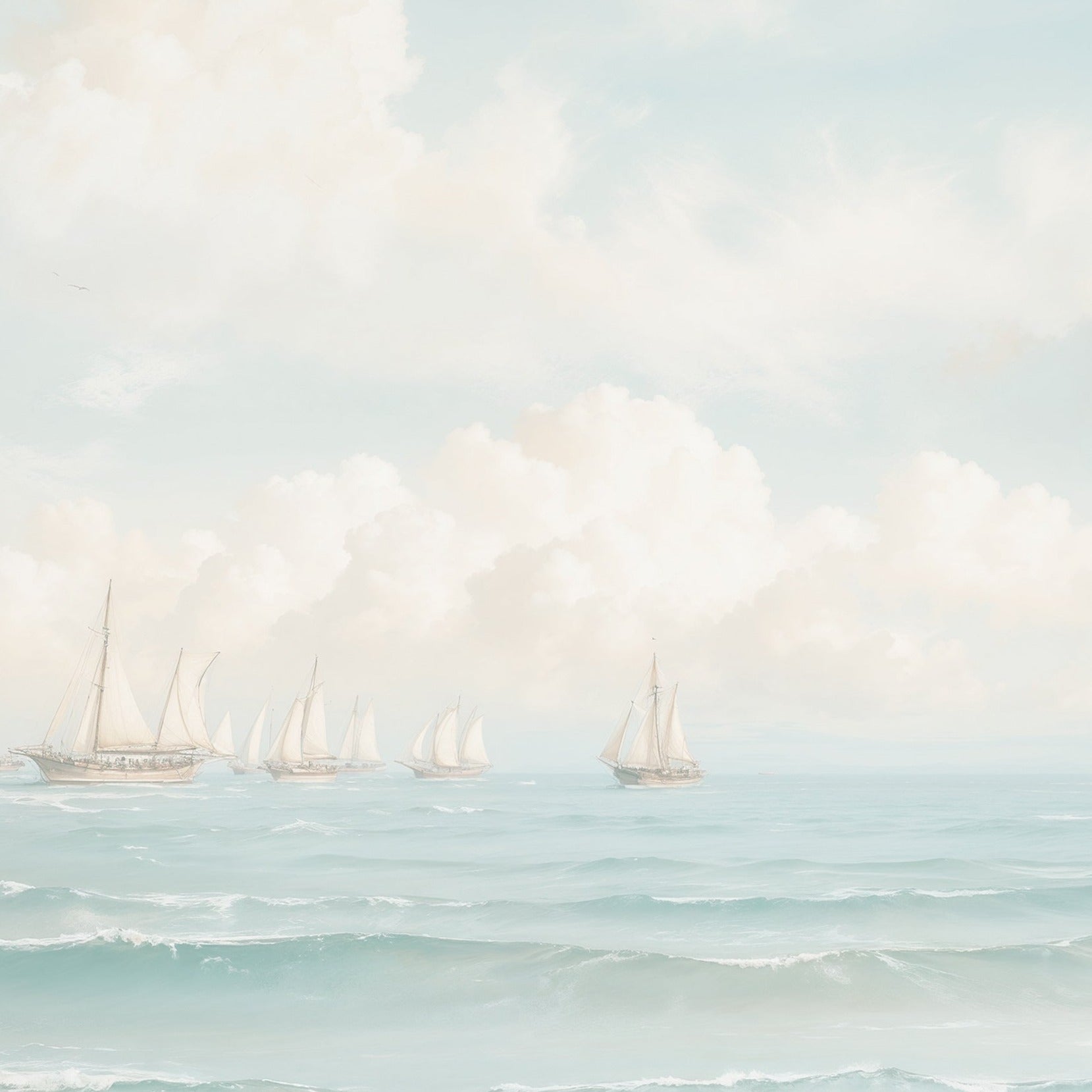 A close-up of a peaceful seascape mural with several sailboats, focusing on the soft waves and gentle clouds, evoking a calming and tranquil atmosphere.