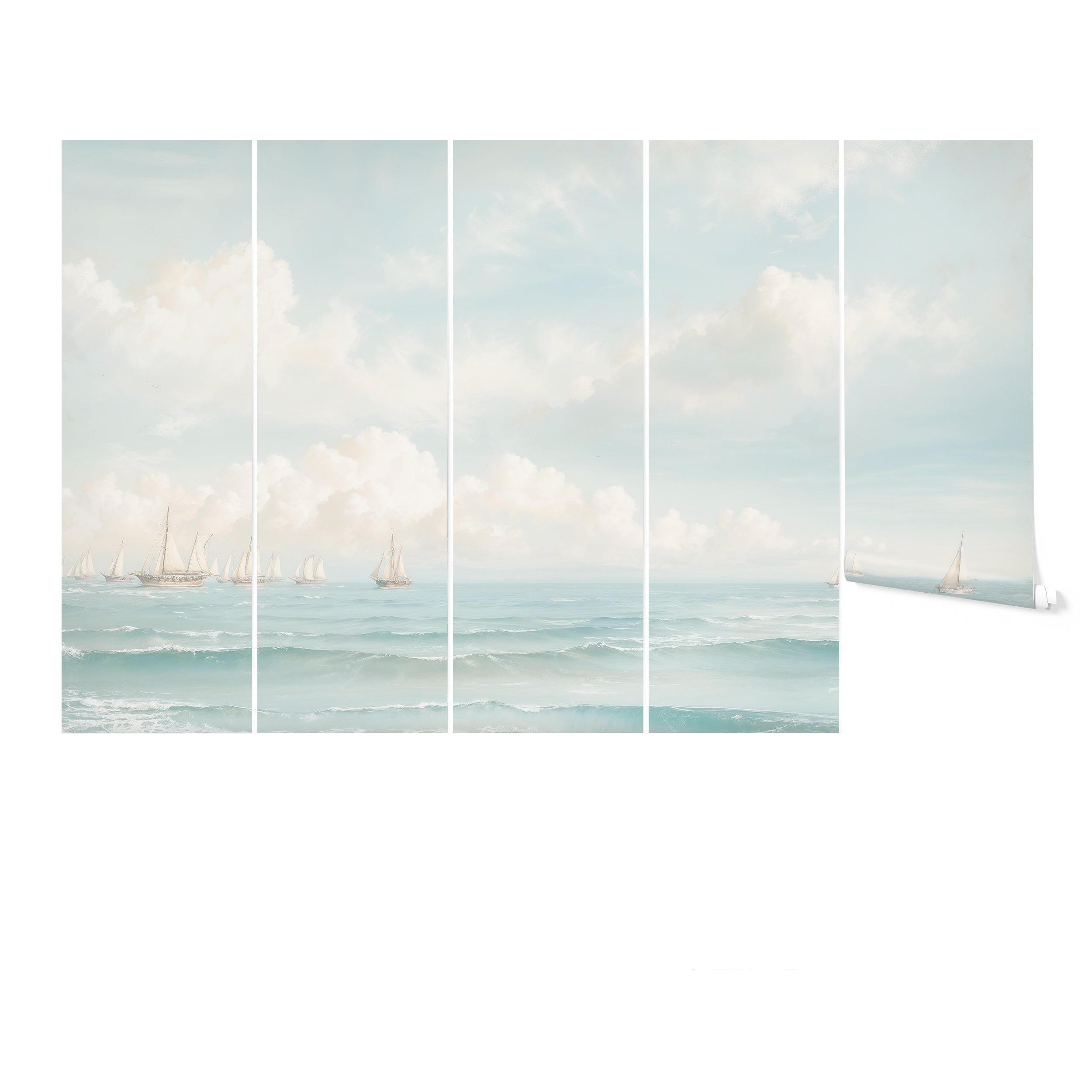 An artistic depiction of a seascape mural segmented into vertical panels, each featuring sailboats on a tranquil sea under a cloudy sky. The image also shows a rolled-up version of the mural, emphasizing its design flexibility.