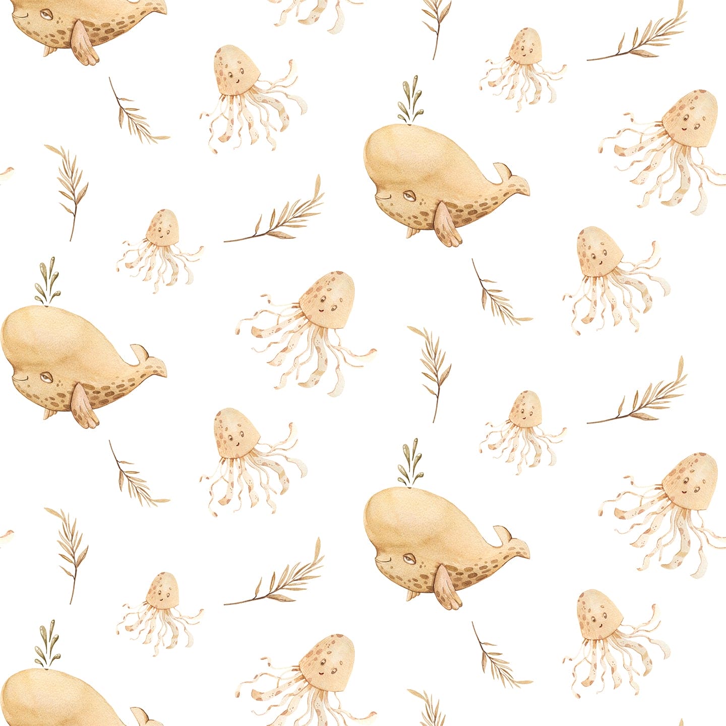 Seamless pattern of Nursery Animal Wallpaper with aquatic animals and foliage in watercolor