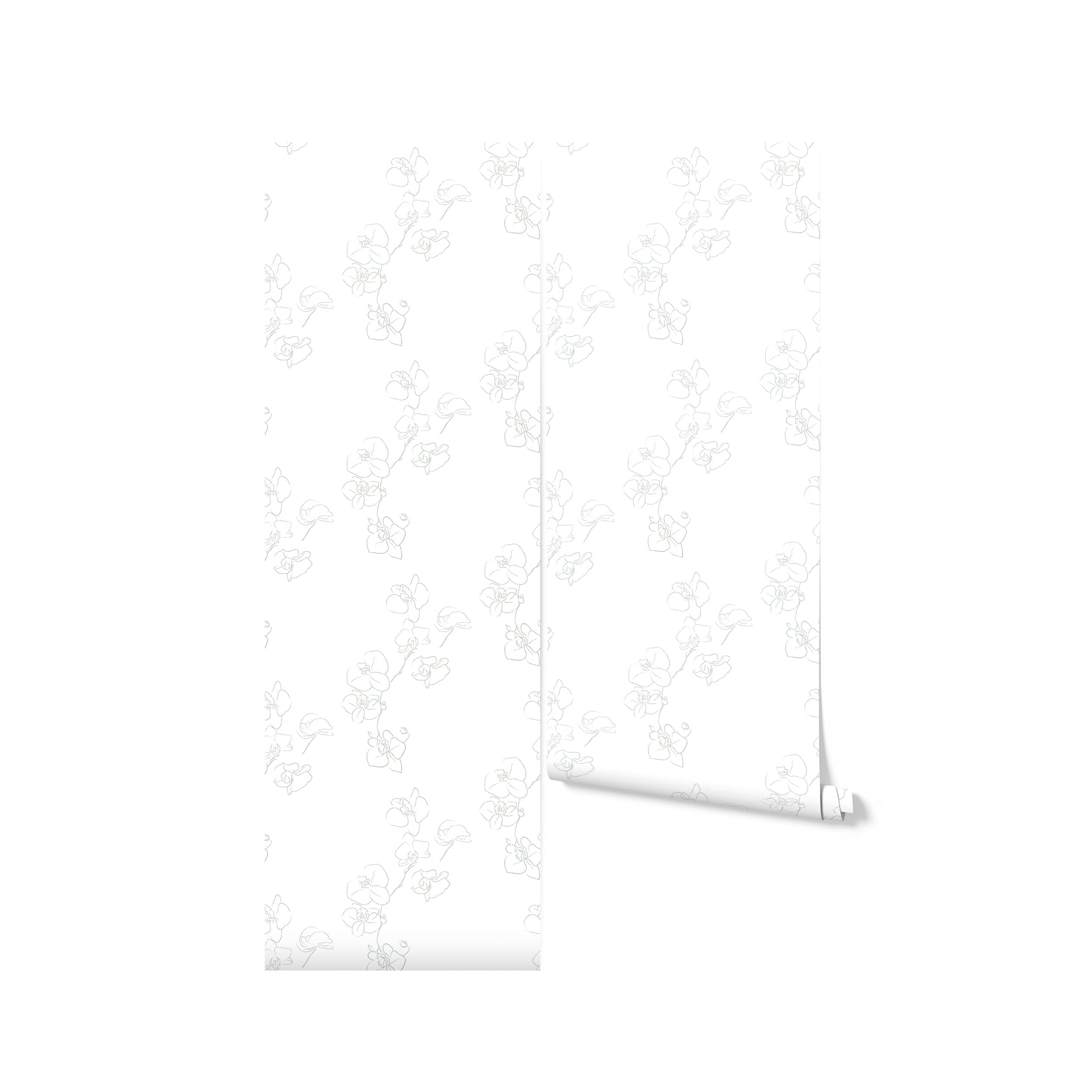 A roll of Floral Line Art Wallpaper unfurled slightly to reveal the elegant, continuous-line sketched floral pattern on a pure white backdrop