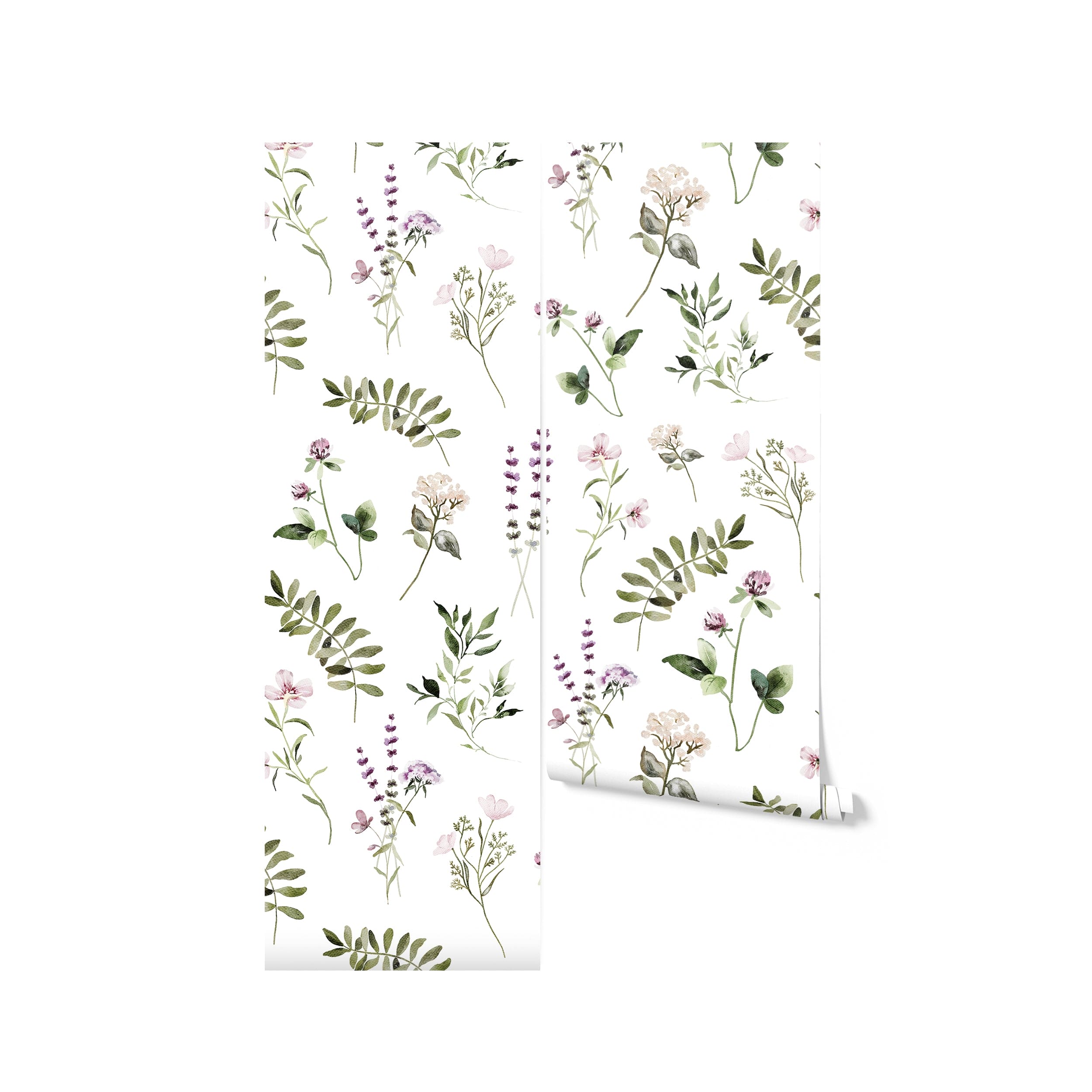 A roll of "Midsummer Watercolour Floral & Fern Wallpaper" displayed against a plain background. The wallpaper features beautifully detailed wildflowers and greenery in watercolor style, ideal for bringing a piece of the tranquil outdoors into home interiors.