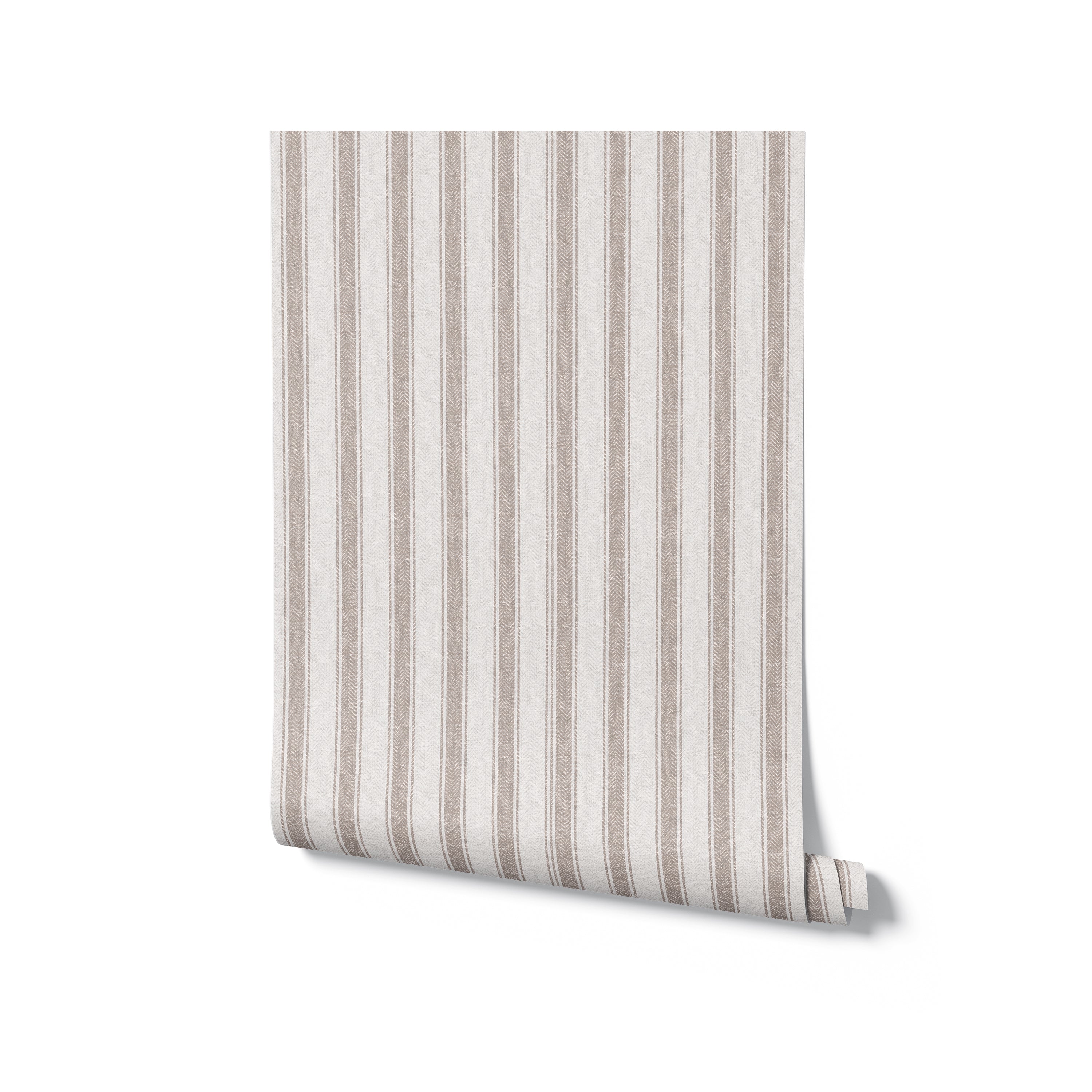 A roll of Striped Fabric Wallpaper presented against a white background, showcasing the gentle tan and cream stripes that offer a sophisticated fabric-like texture, perfect for creating a statement wall or a complete room makeover,  beige