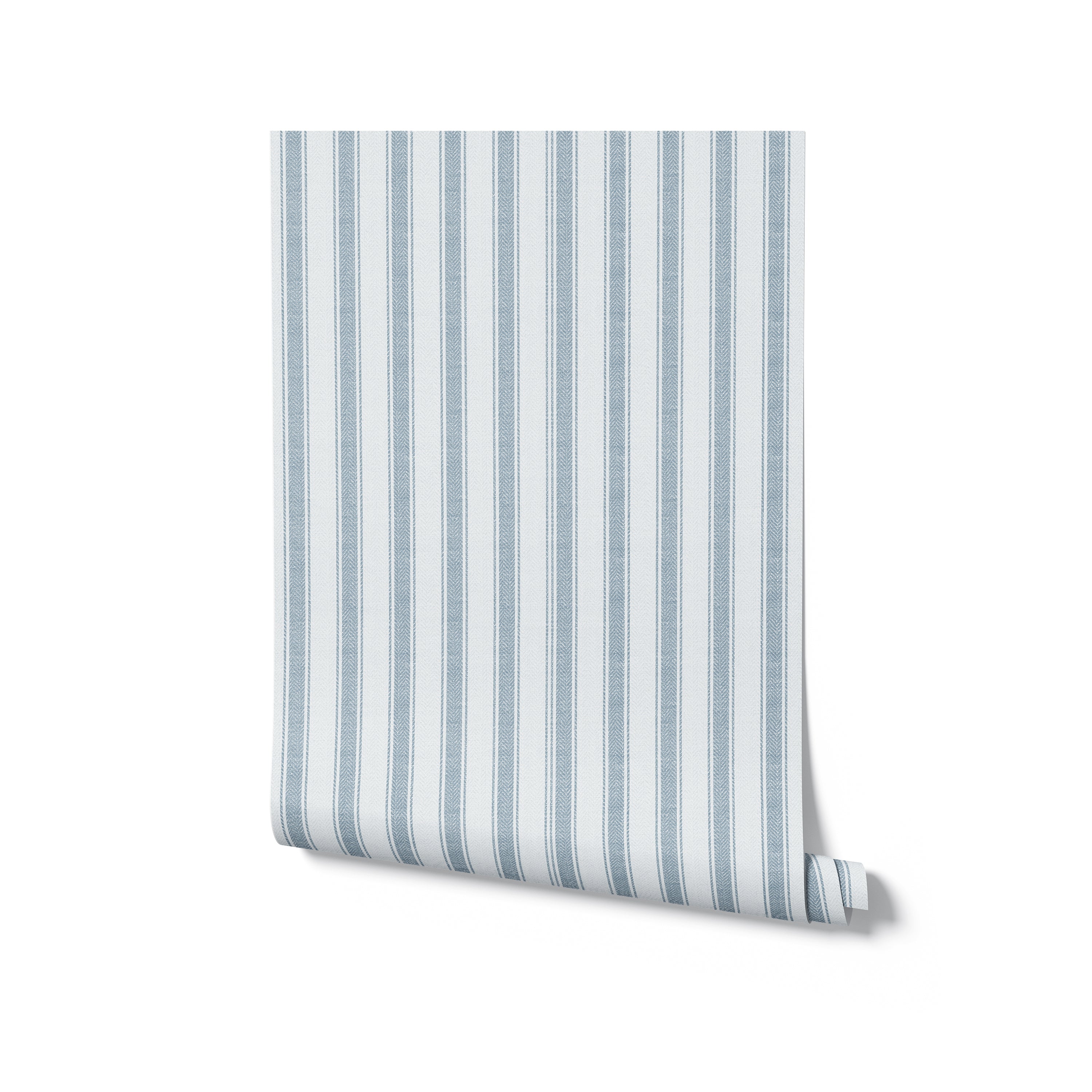 A roll of Striped Fabric Wallpaper presented against a white background, showcasing the gentle tan and cream stripes that offer a sophisticated fabric-like texture, perfect for creating a statement wall or a complete room makeover, pale blue