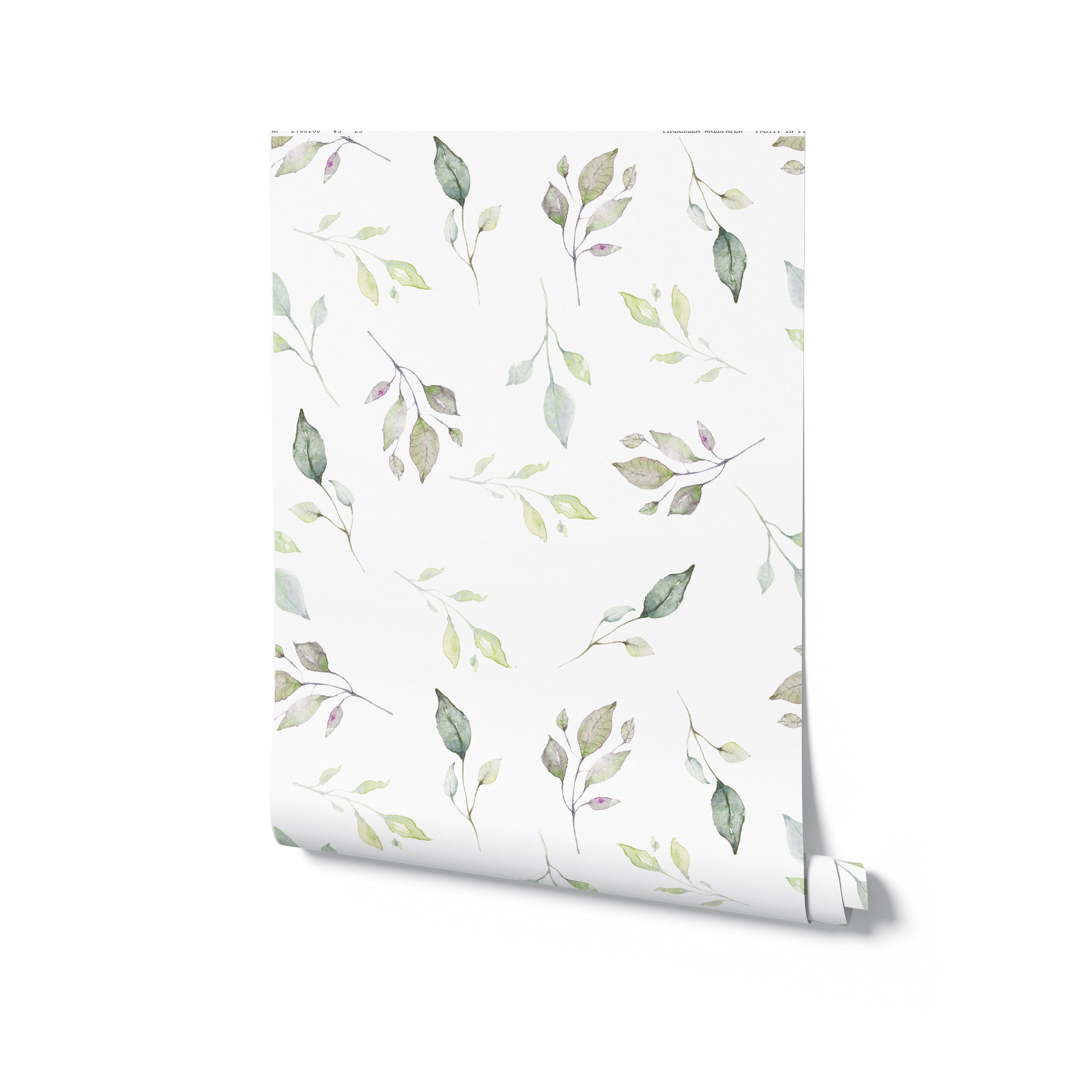 A rolled piece of 'Fall Floral Wallpaper', displaying a hand-painted leaf pattern with muted green, purple, and yellow tones on a white base. The design conveys a sense of autumnal grace, perfect for creating a soothing and naturalistic decor theme.
