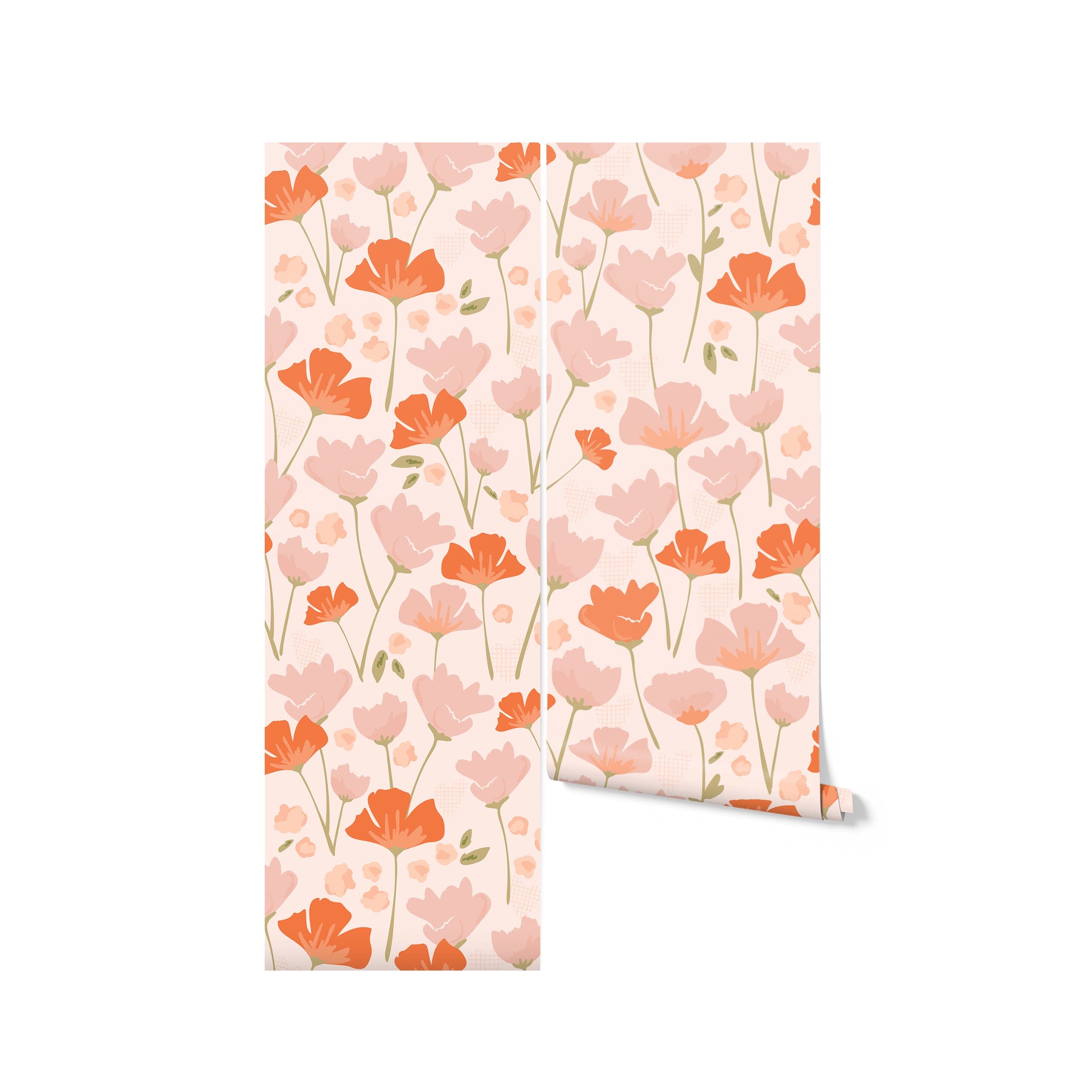 Product shot of a roll of 'Floral Love Wallpaper,' depicting a beautiful array of coral and pink flowers, perfect for transforming a room into a bright and cheerful retreat.