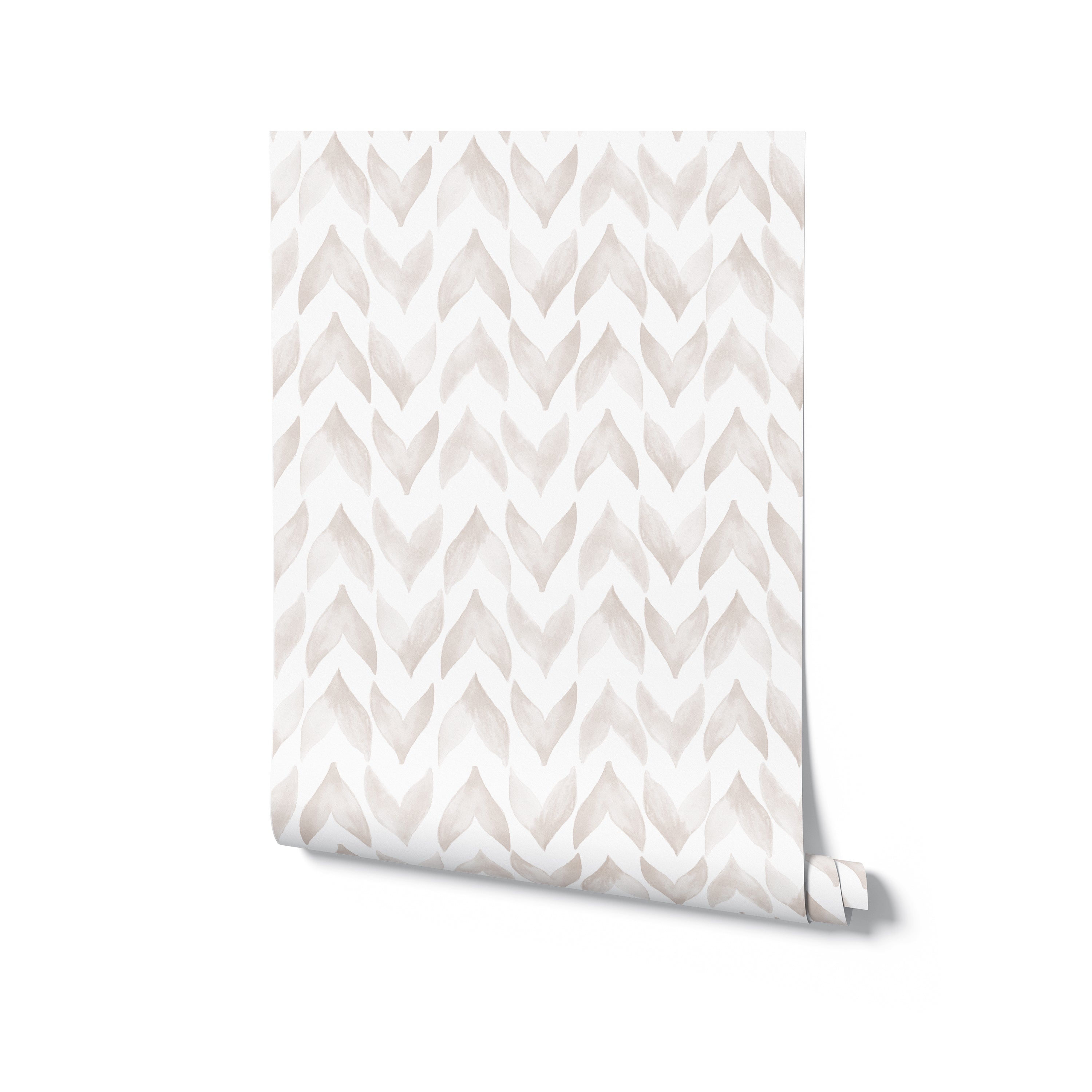 A rolled-up wallpaper sample revealing the Moroccan Tile pattern, which consists of white and linen watercolor zigzag shapes, giving a sophisticated and contemporary feel to the design.