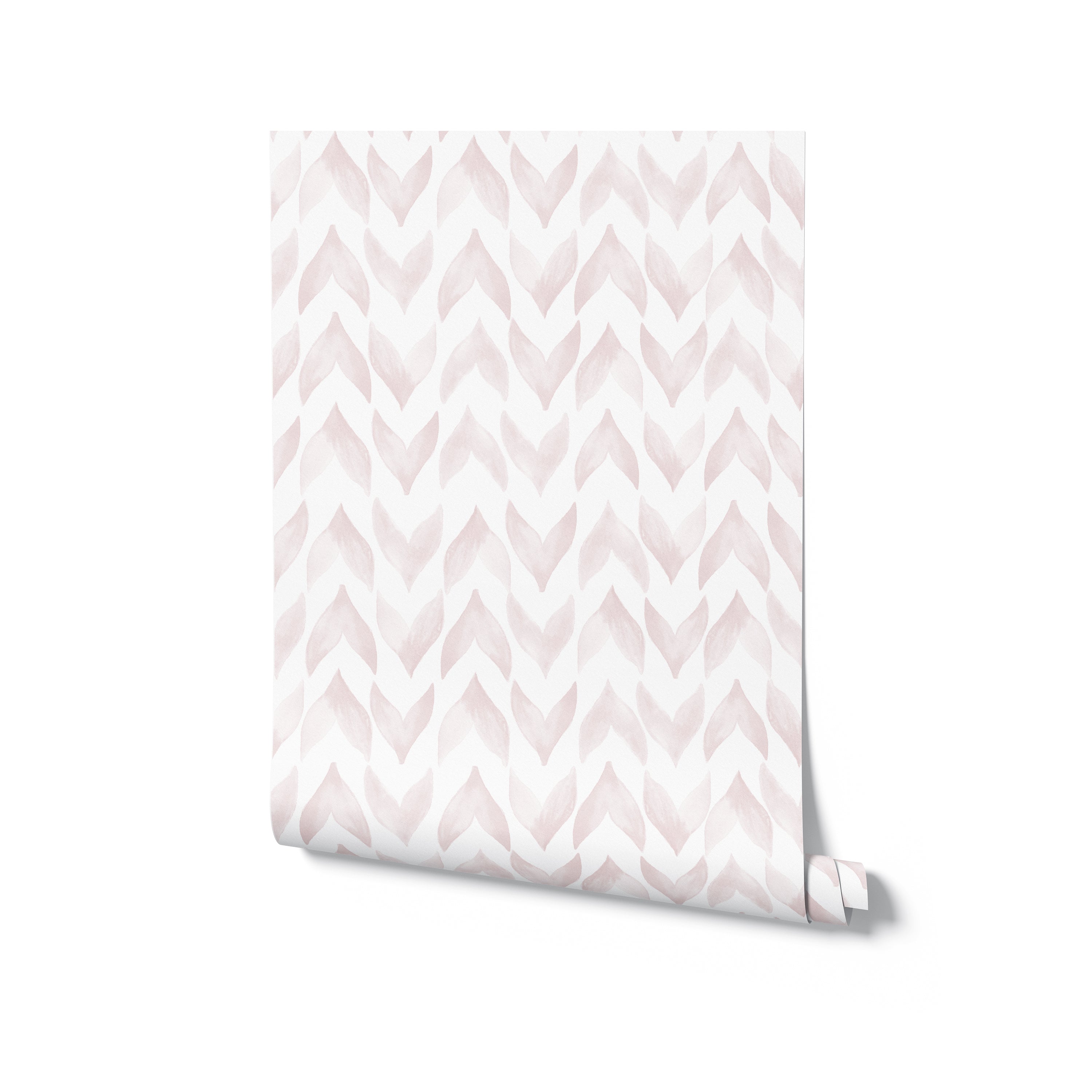 A rolled-up wallpaper sample revealing the Moroccan Tile pattern, which consists of white and nude watercolor zigzag shapes, giving a sophisticated and contemporary feel to the design.