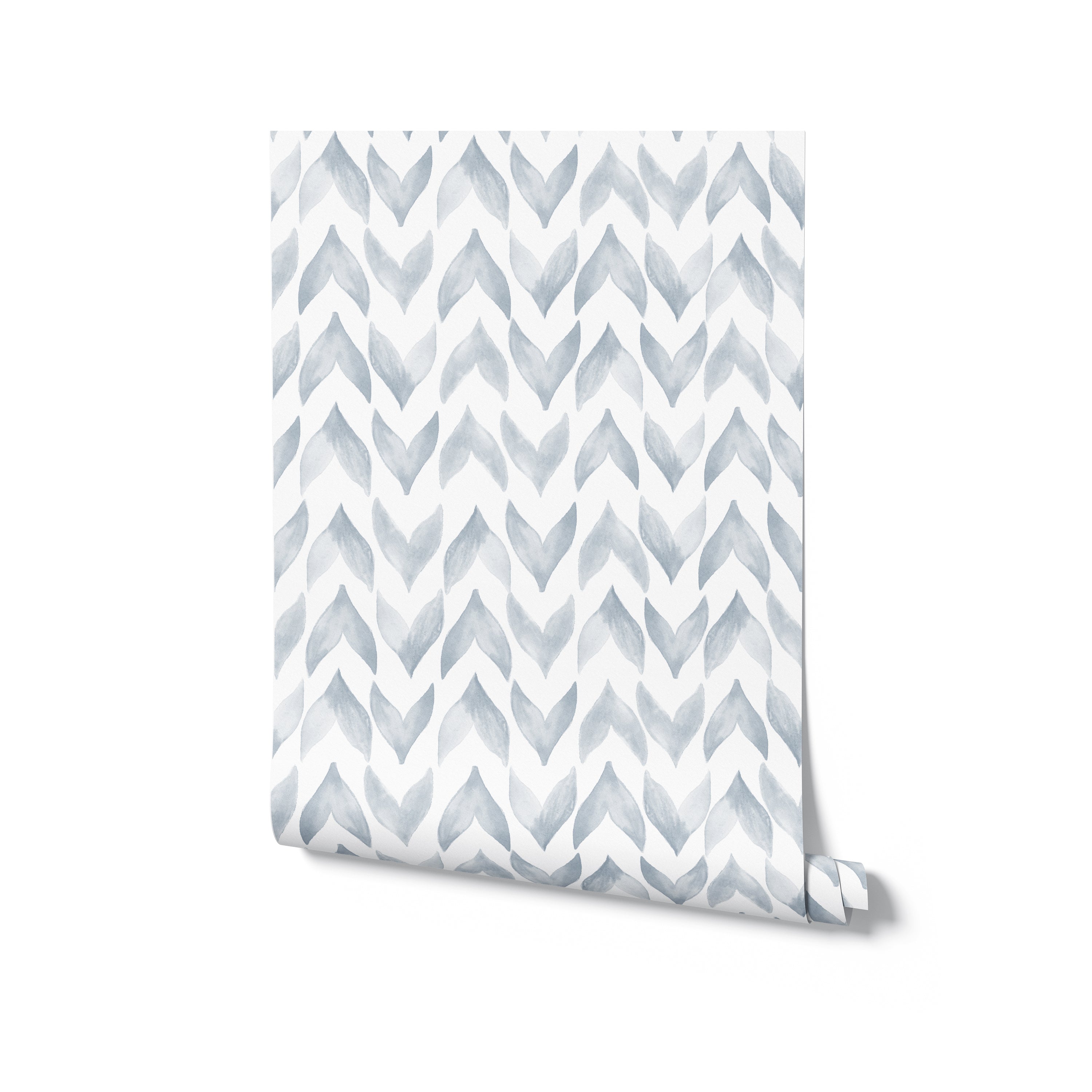 A wallpaper sample with a geometric pattern known as Moroccan Tile, featuring a seamless array of pale blue and white arrow-like shapes in a watercolor style, forming a zigzag design.