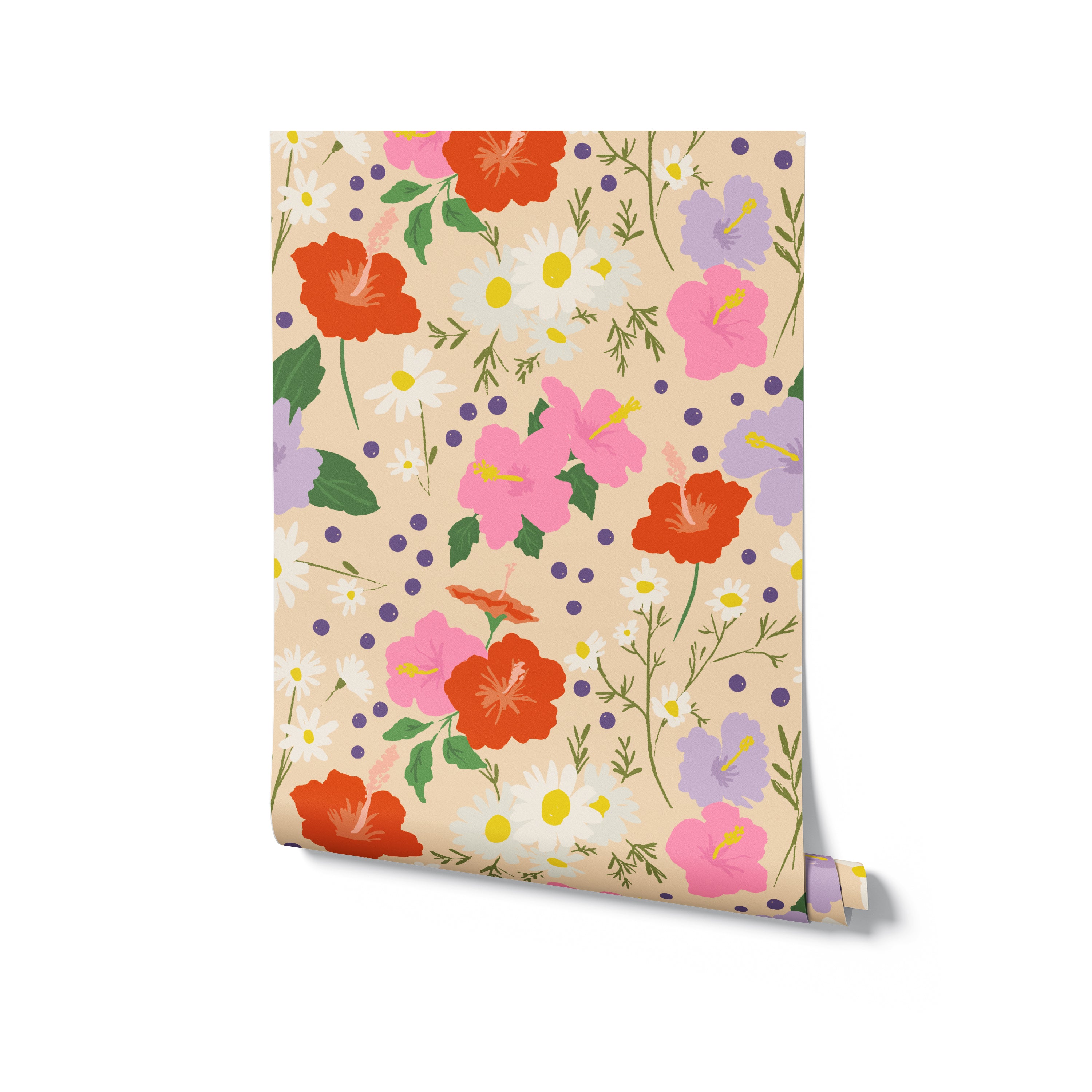 Rolled up wallpaper featuring a floral pattern with big red, pink, and violet flowers and smaller white daisies and decorative purple dots on a beige background, suggesting a vibrant and fresh design suitable for lively interior decor."