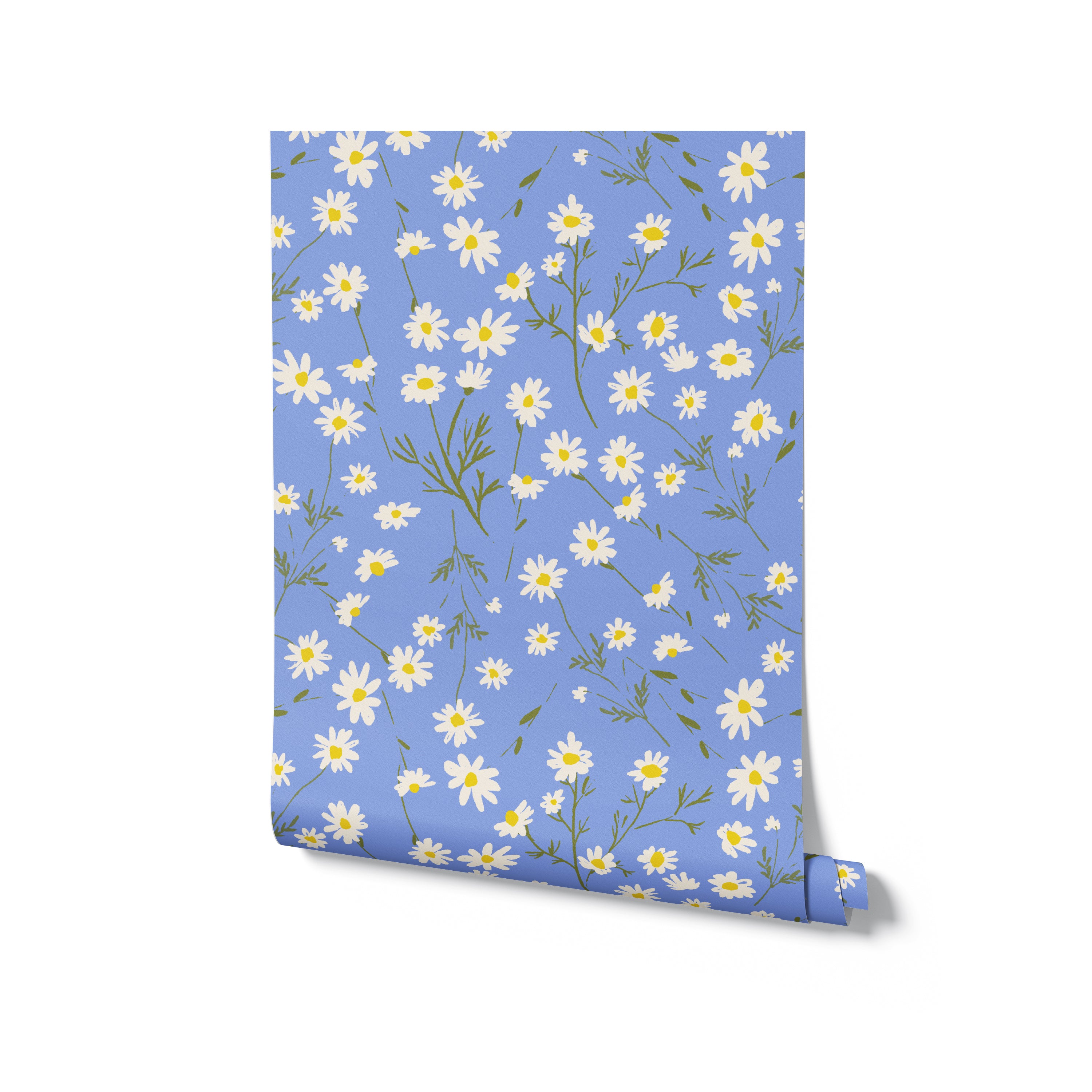 A roll of light blue wallpaper featuring a pattern of white and yellow daisies with green stems and leaves, symbolizing a fresh and lively floral design.