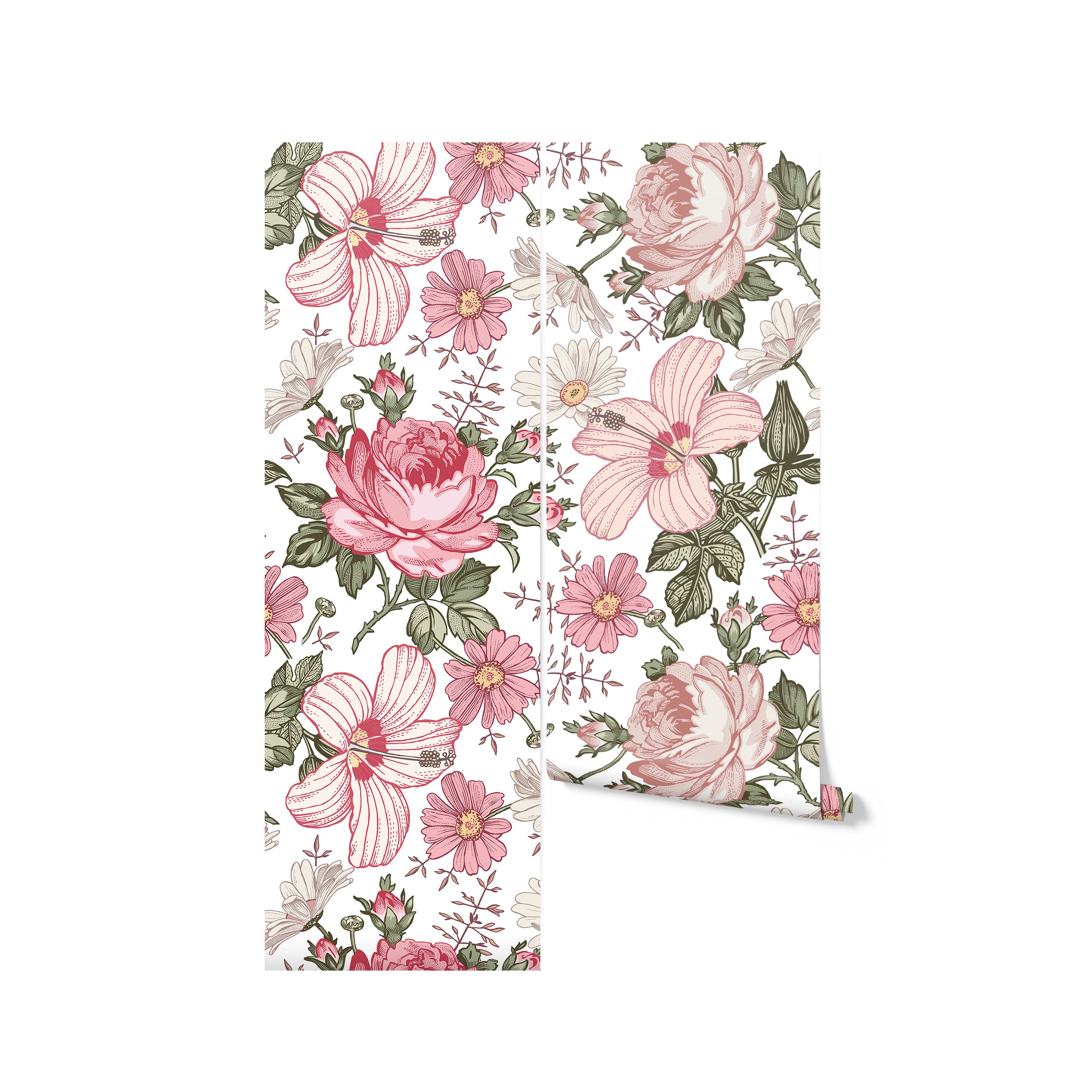 Berry Pink showcased as a rolled product, displaying the beautiful detail and color of the flower prints that offer a fresh, spring-like ambiance to any room.