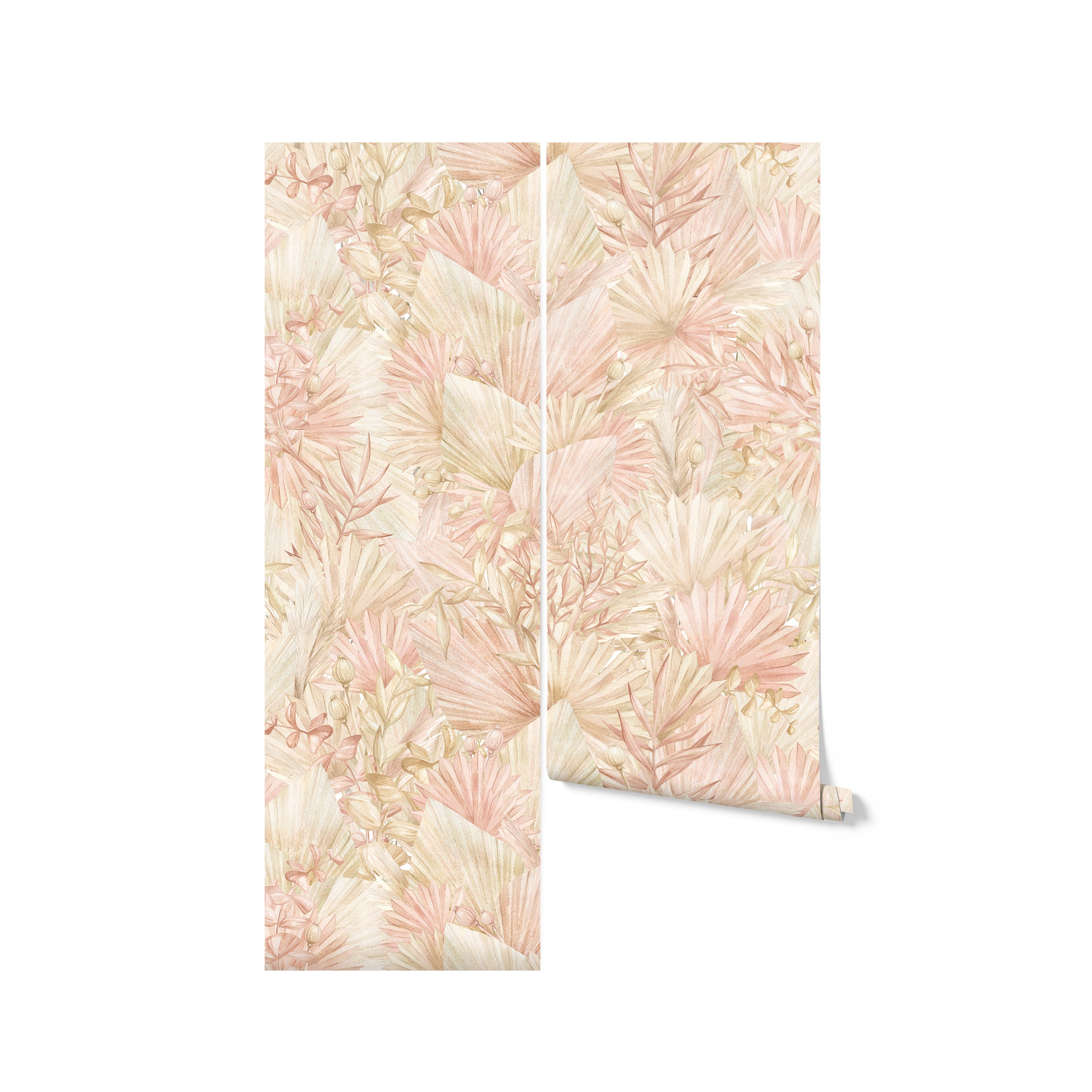A roll of Floral Tropical Wallpaper, showcasing its detailed pattern of tropical leaves and plants in soft pastel tones, ready to enhance any room with a touch of natural elegance and warmth.