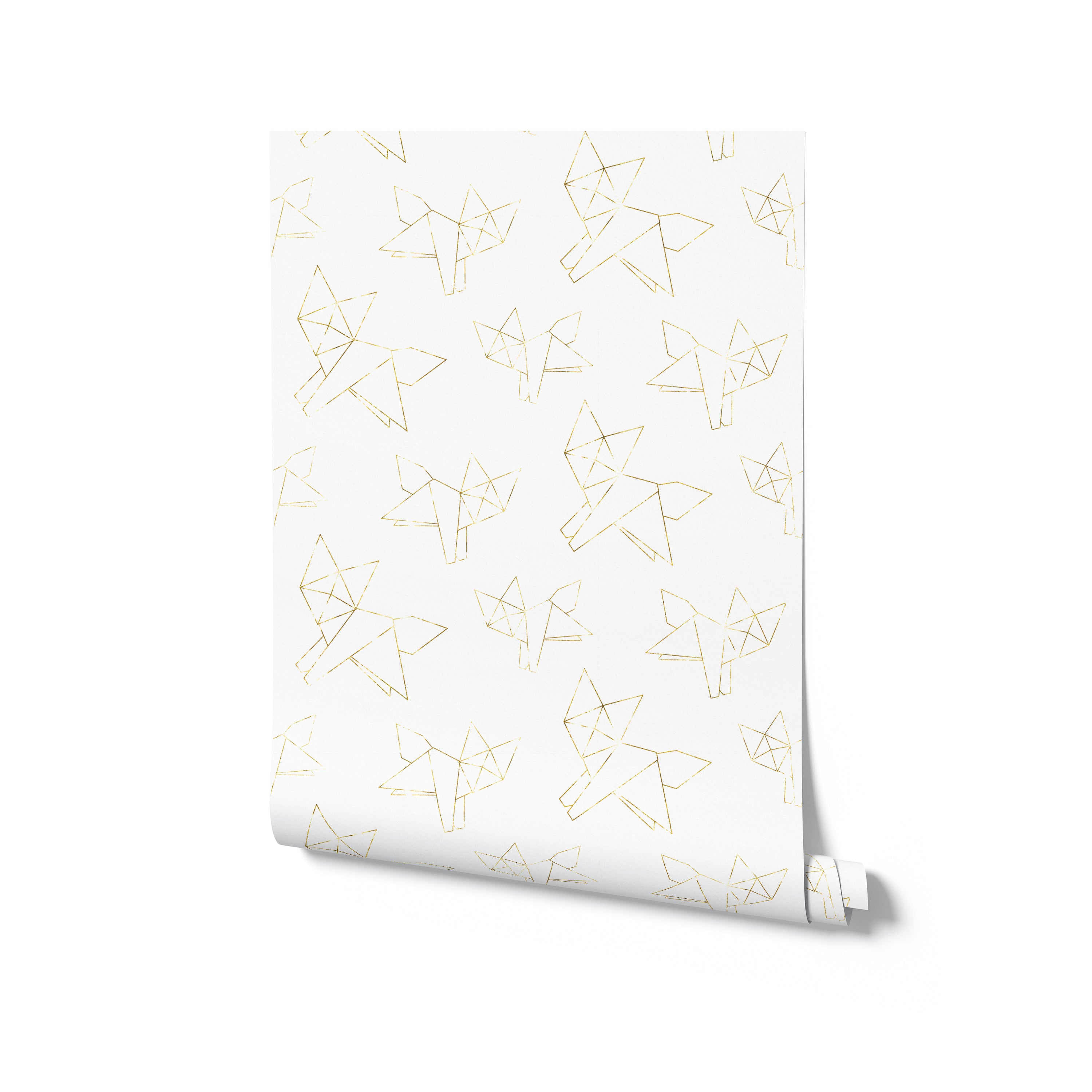 Gold Origami Wallpaper - Gold Fox roll displaying the unique design of gold geometric foxes on a pristine white background. Perfect for modern and chic interior decoration.
