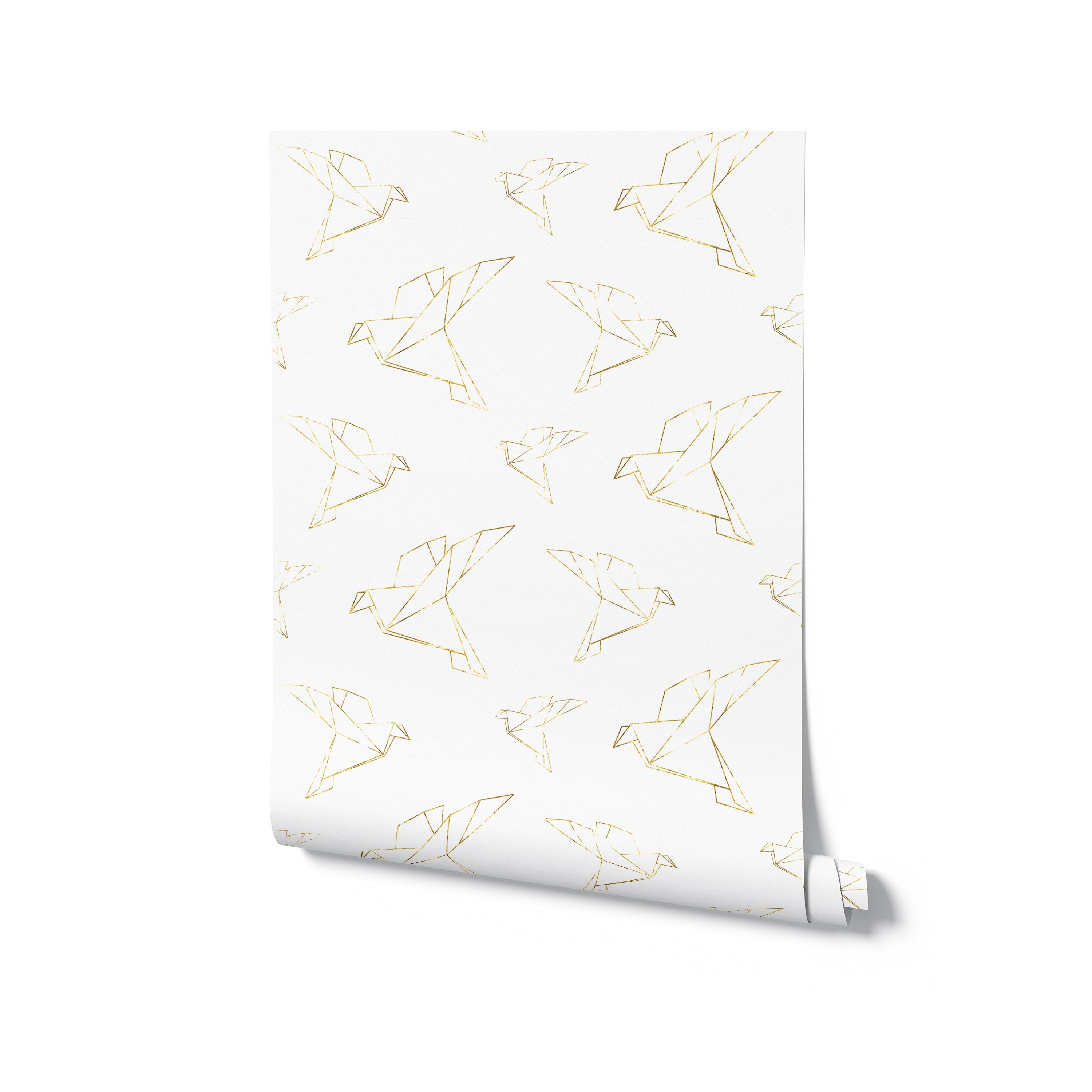 Gold Origami Wallpaper - Gold Dove roll displaying the unique design of gold geometric doves on a pristine white background. Ideal for modern and chic interior decoration