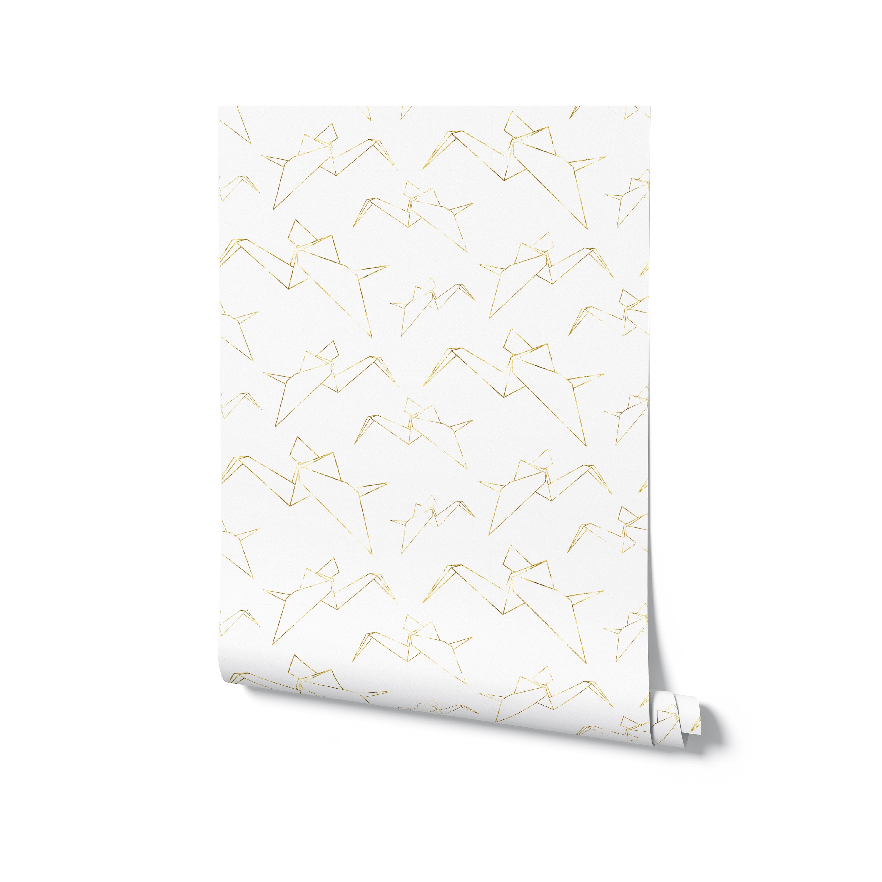 A roll of white wallpaper showcasing a repeating pattern of gold origami cranes. The cranes are outlined in gold, creating a stylish and sophisticated look suitable for modern interiors.