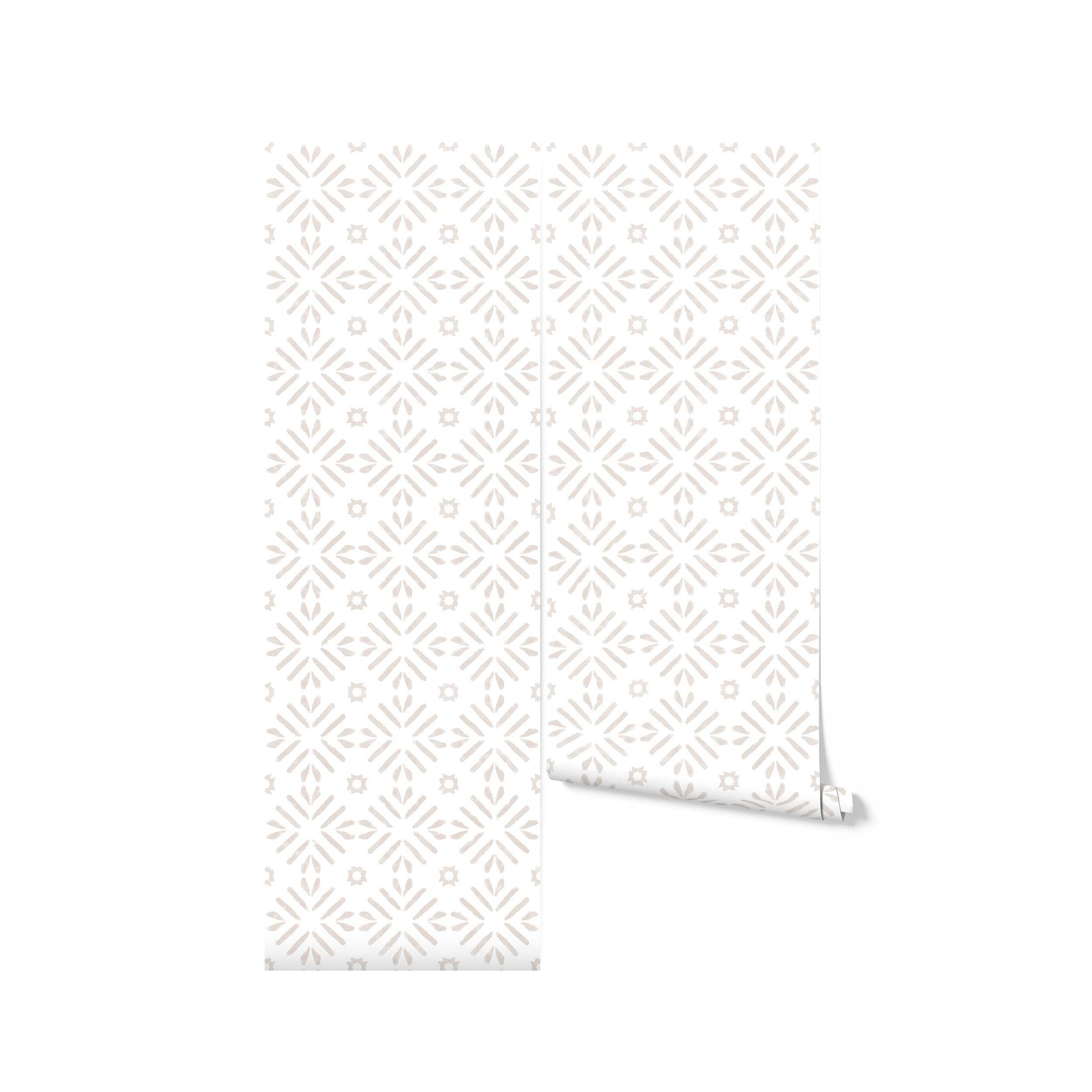 A roll of 'Geometric Watercolour Wallpaper' leans against a white background, with a portion unrolled to show off the delicate beige geometric pattern. The watercolor effect adds a soft, textured look, suggesting a sophisticated yet understated backdrop for various interior styles.