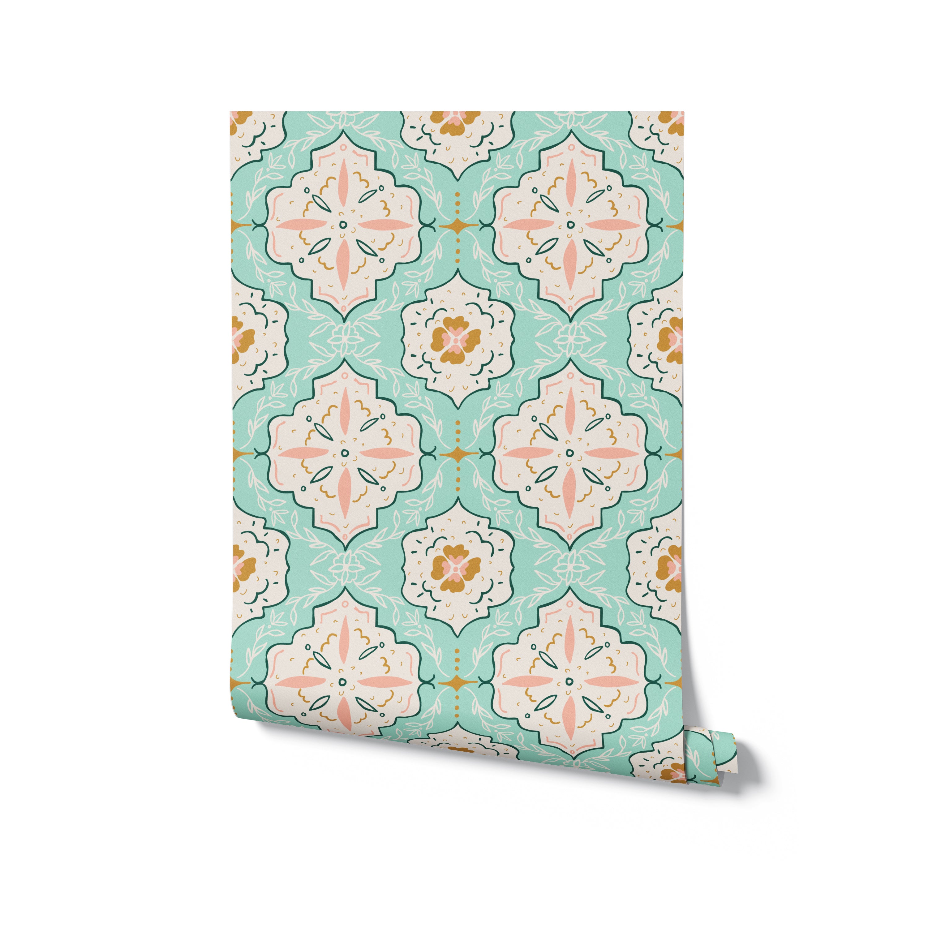 Roll of Fatima Tile Wallpaper showing ornate Moroccan-inspired floral and geometric patterns in shades of turquoise, white, peach, and mustard.