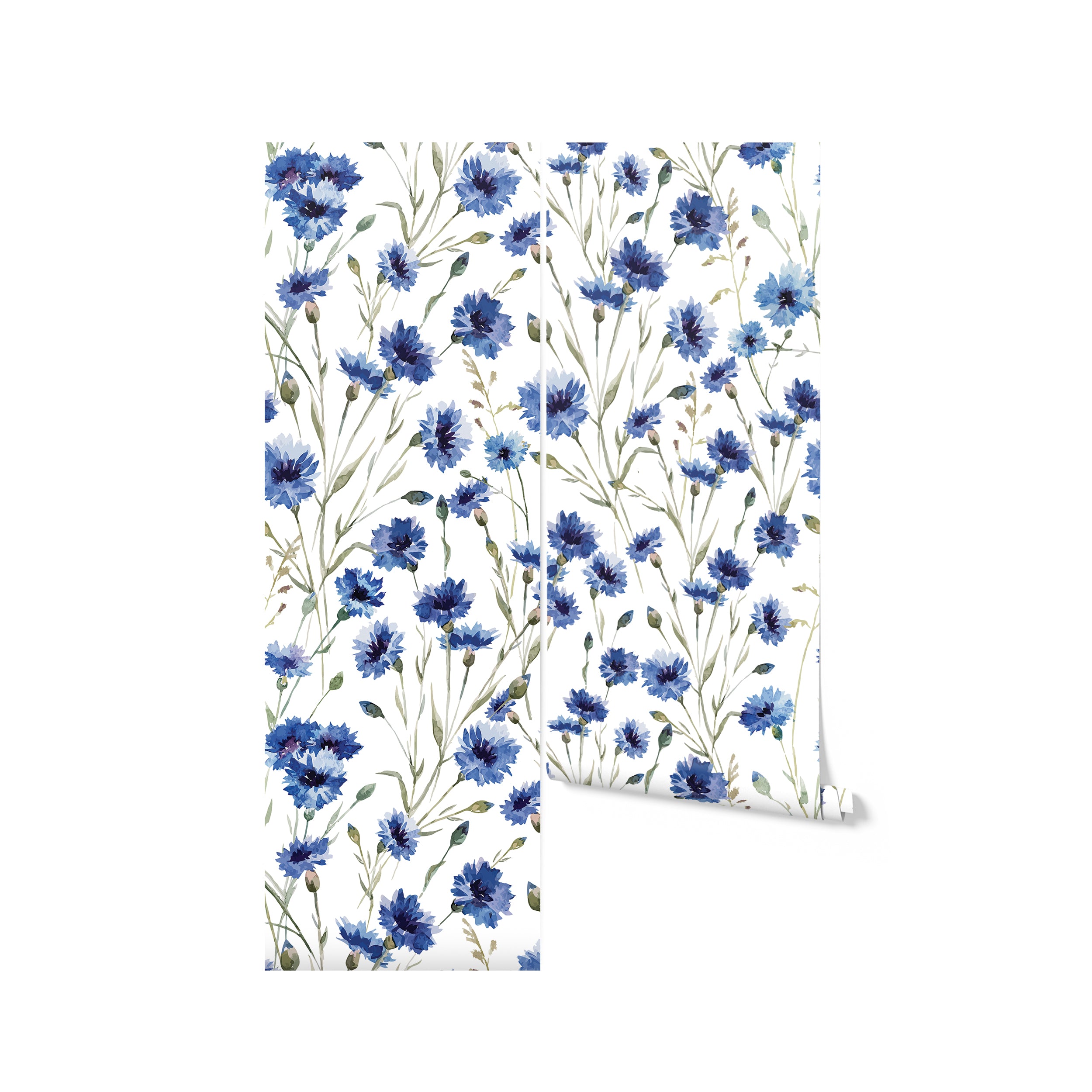 An unrolled roll of 'Hand Painted Blue Floral Wallpaper' showcasing a repeating pattern of bold blue flowers and greenery, ready to transform any room with a splash of hand-painted charm and vivid color