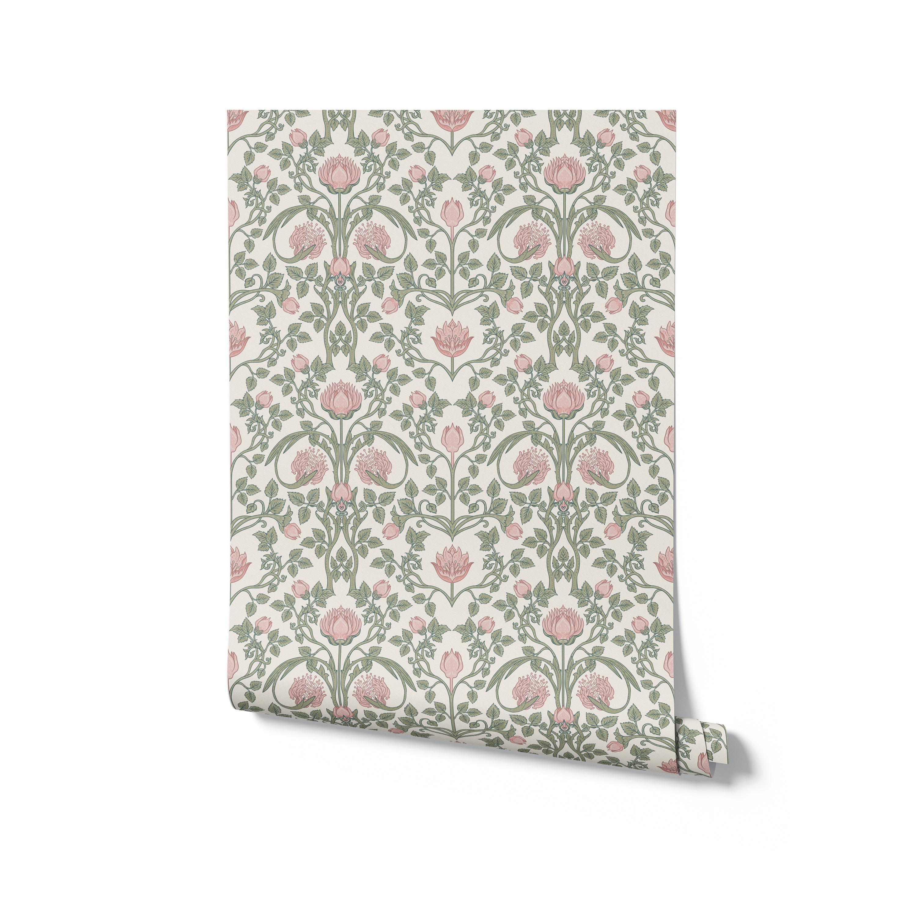 A rolled-up sample of pastel floral damask wallpaper shows off its intricate design of soft pink flowers and green leaves, ready to beautify a room
