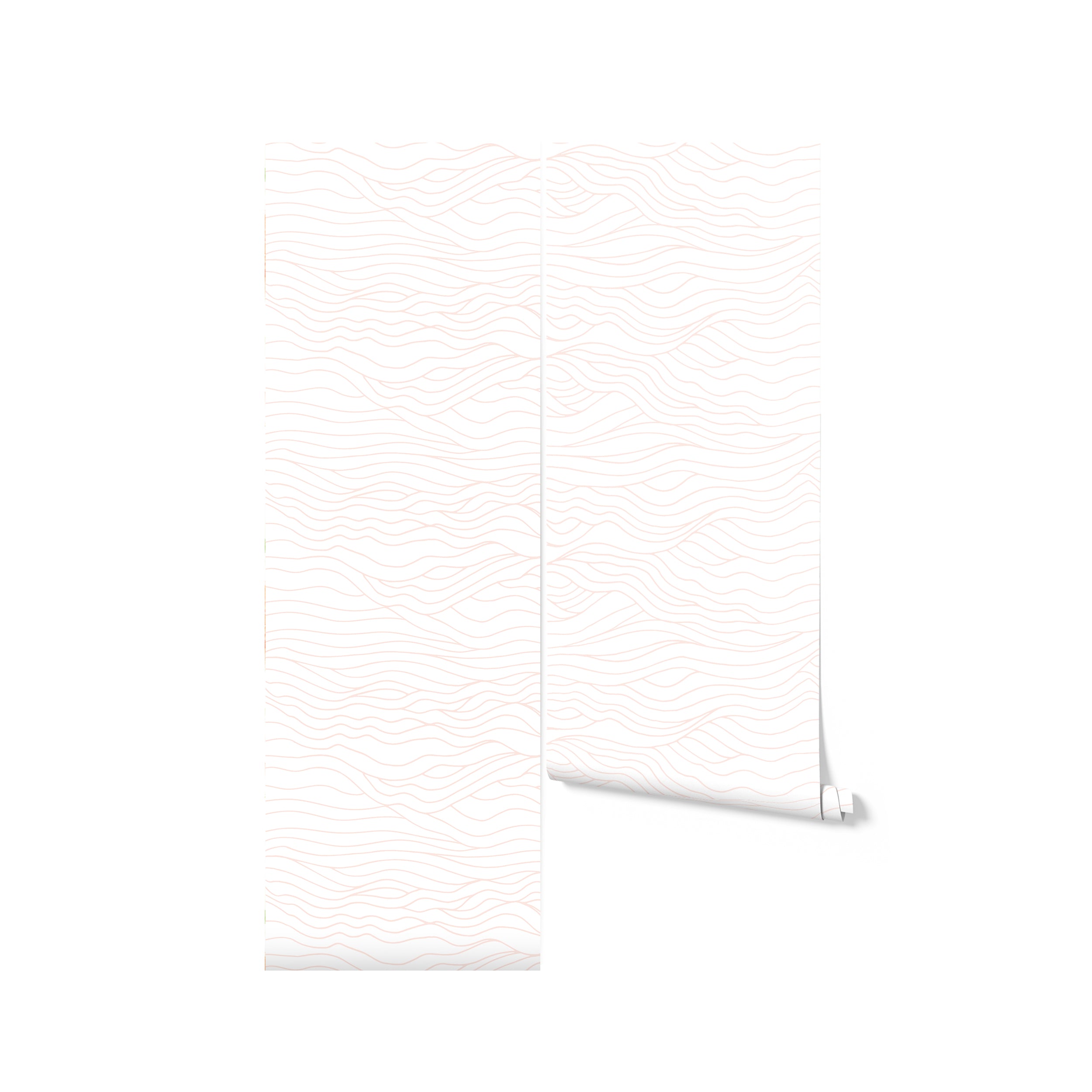 An artistic rendering of the Line Art Wave Wallpaper as it might appear unrolled, with the wallpaper sample displaying its continuous wavy line pattern that flows across the canvas, giving a sense of movement and a hand-drawn aesthetic.