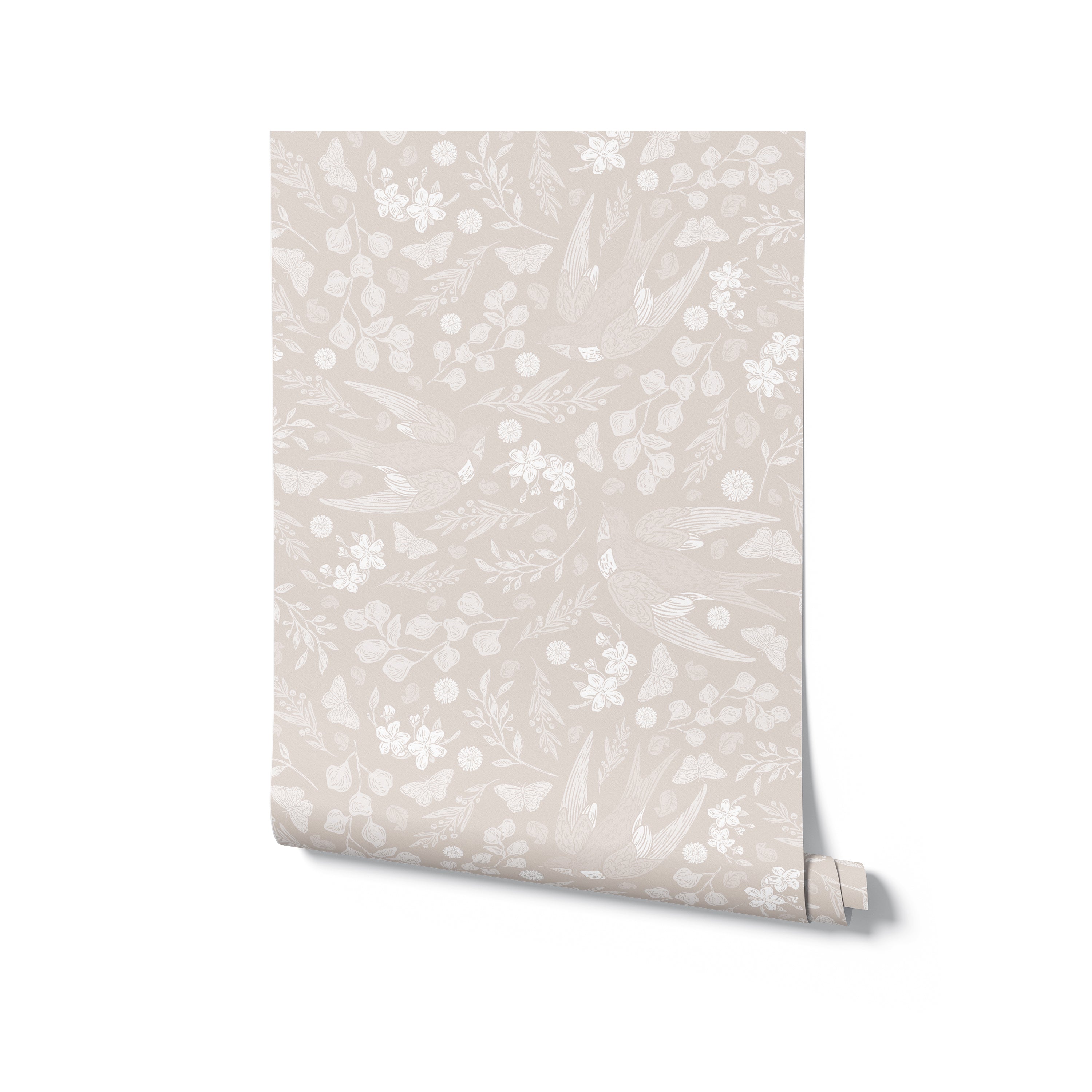 A roll of Vintage Swift Wallpaper displaying a detailed print of birds and leaves in golden tones on a light neutral background, symbolizing elegance and a touch of nature.