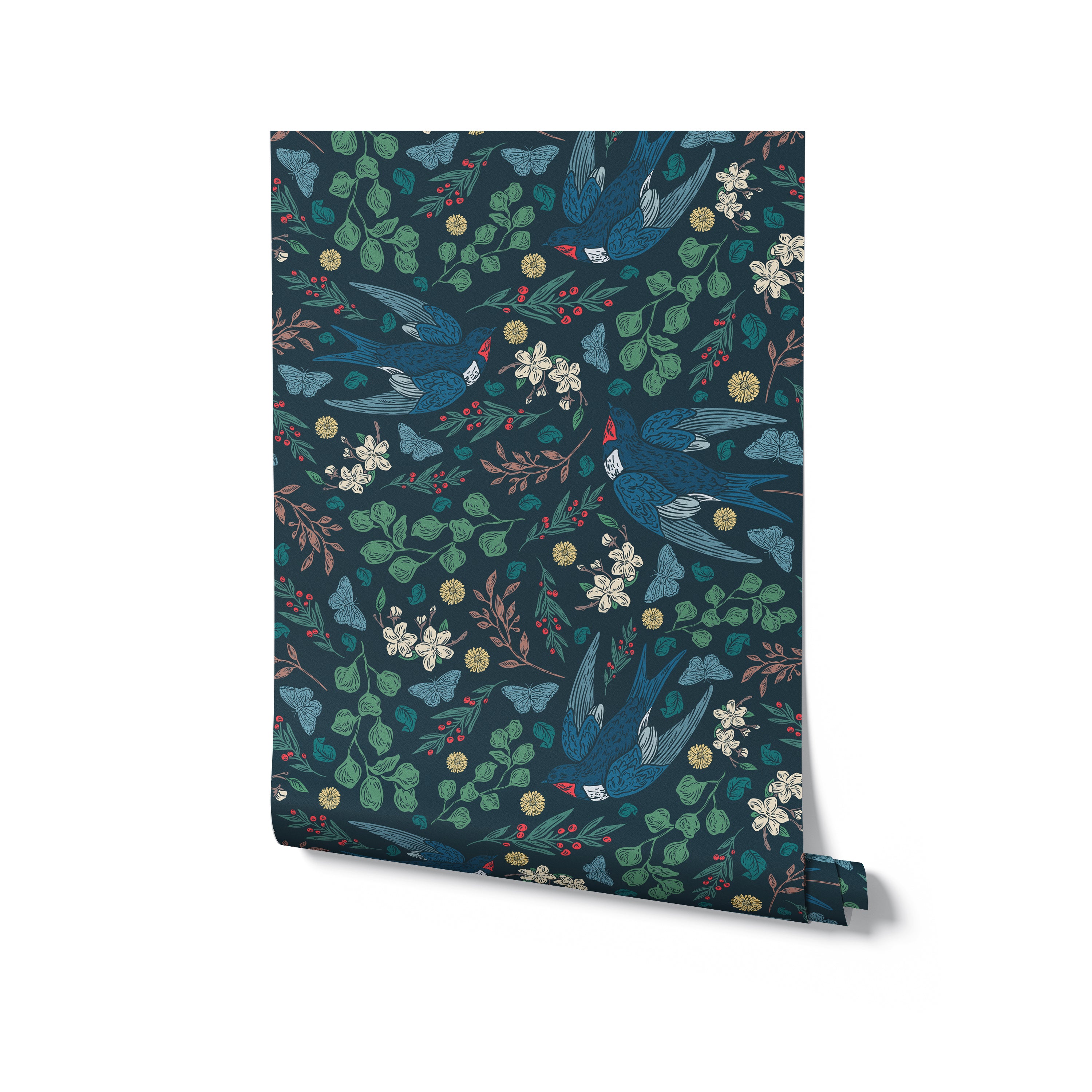 Rolled wallpaper showcasing the Vintage Swift design with detailed illustrations of blue swift birds, green leaves, and scattered floral elements on a dark teal background, offering a classic look with a touch of nature's beauty.