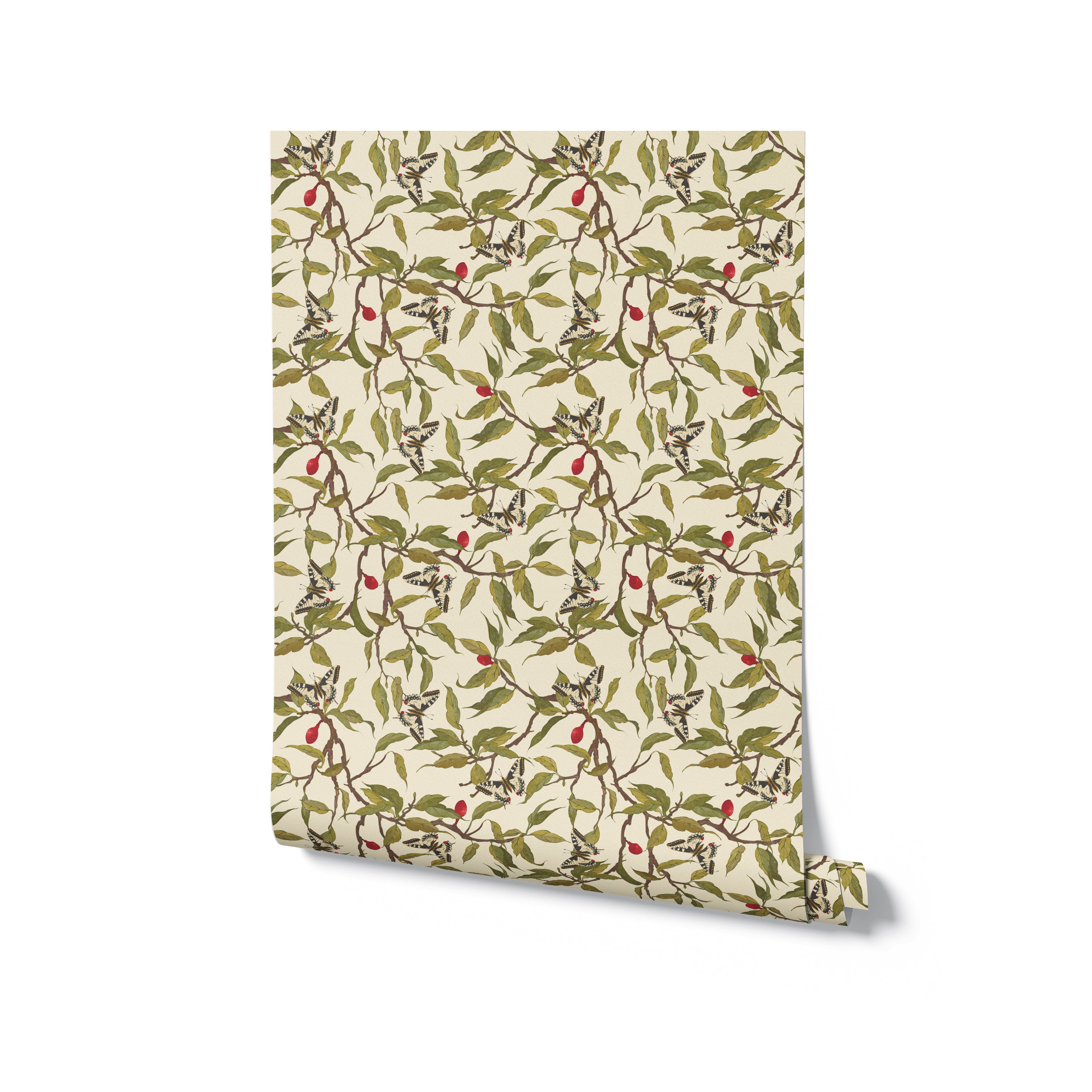 A roll of Vintage Garden Wallpaper displayed upright, highlighting its beautiful green leaves, red berries, and butterflies on a cream background. This wallpaper is ideal for adding a natural and sophisticated touch to any interior decor.