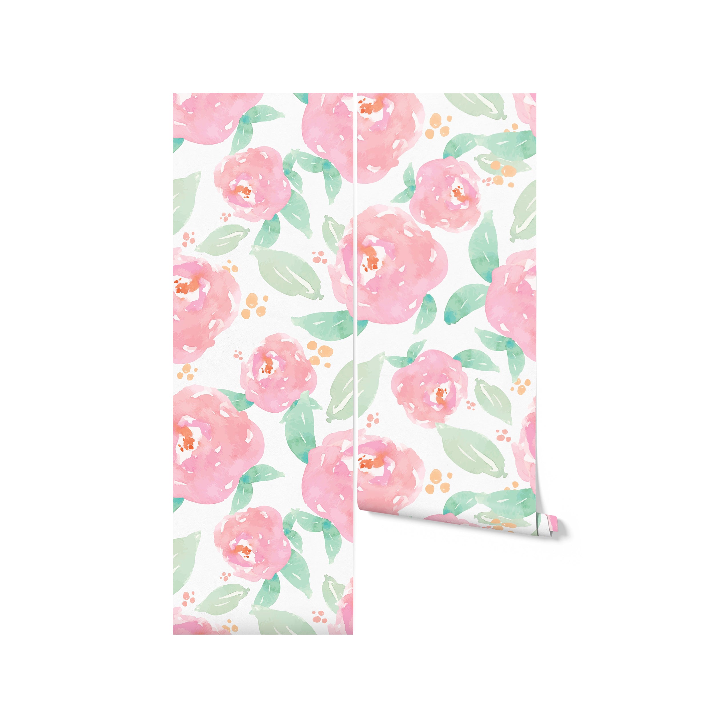 Roll of bright nursery floral wallpaper with hand-painted style pink peonies and green foliage