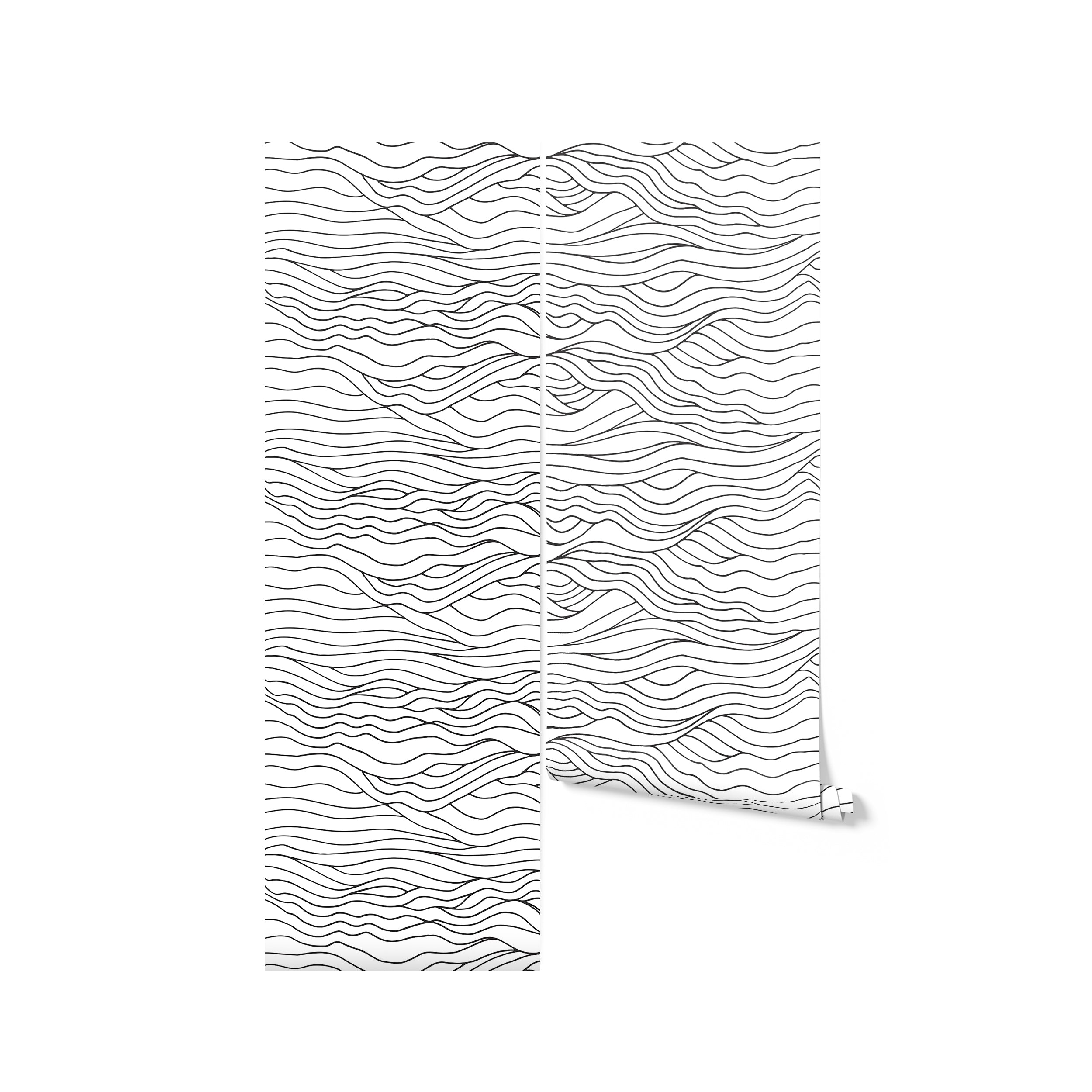 A roll of Modern Line Abstract Wave Wallpaper, displaying its continuous pattern of black wavy lines on a white background, ready to bring a touch of modern elegance to any room.