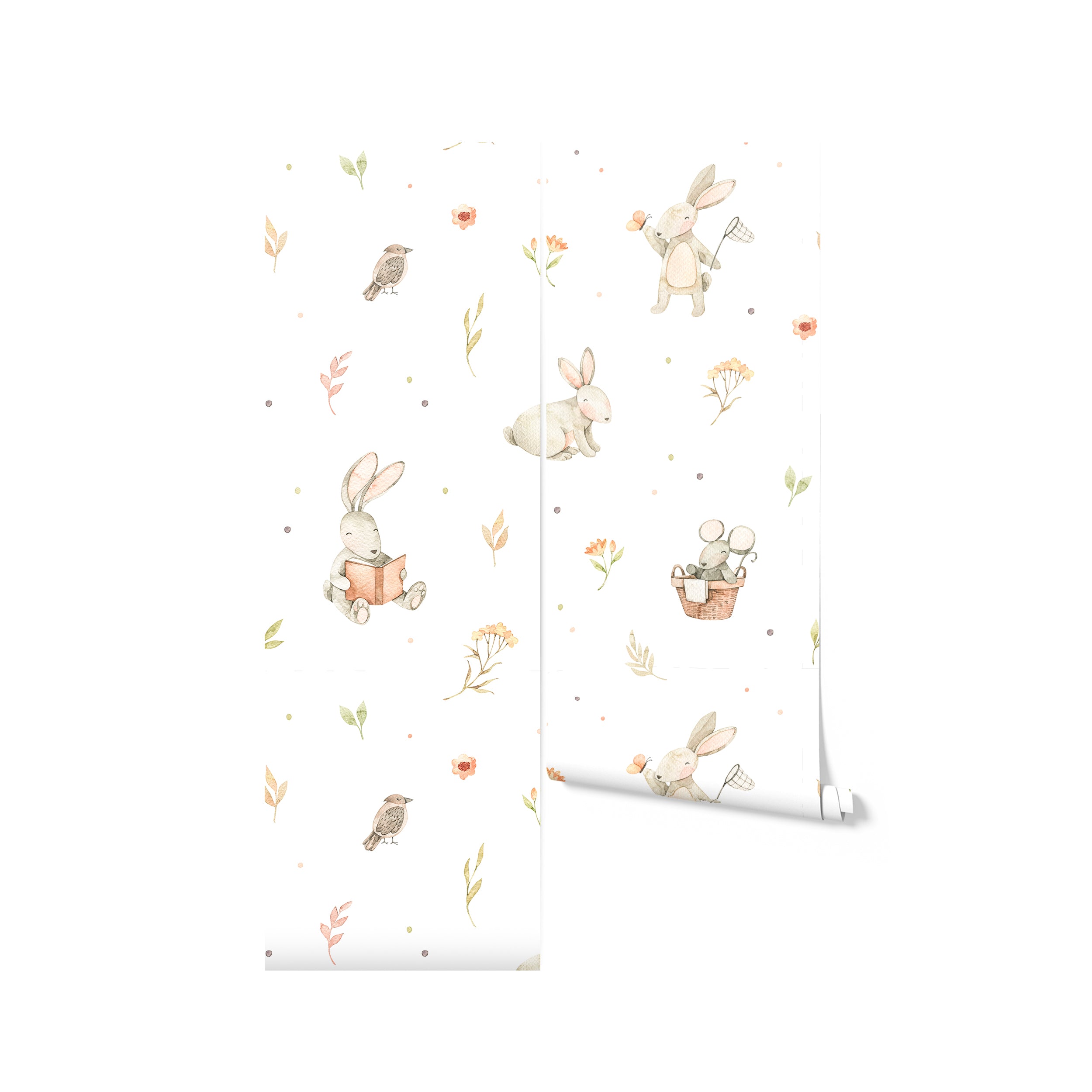 A roll of Watercolour Bunnies Wallpaper unfurling to reveal the sweet and serene pattern of watercolor bunnies amidst nature, perfect for adding a touch of gentle whimsy and storybook charm to a child’s room or nursery.